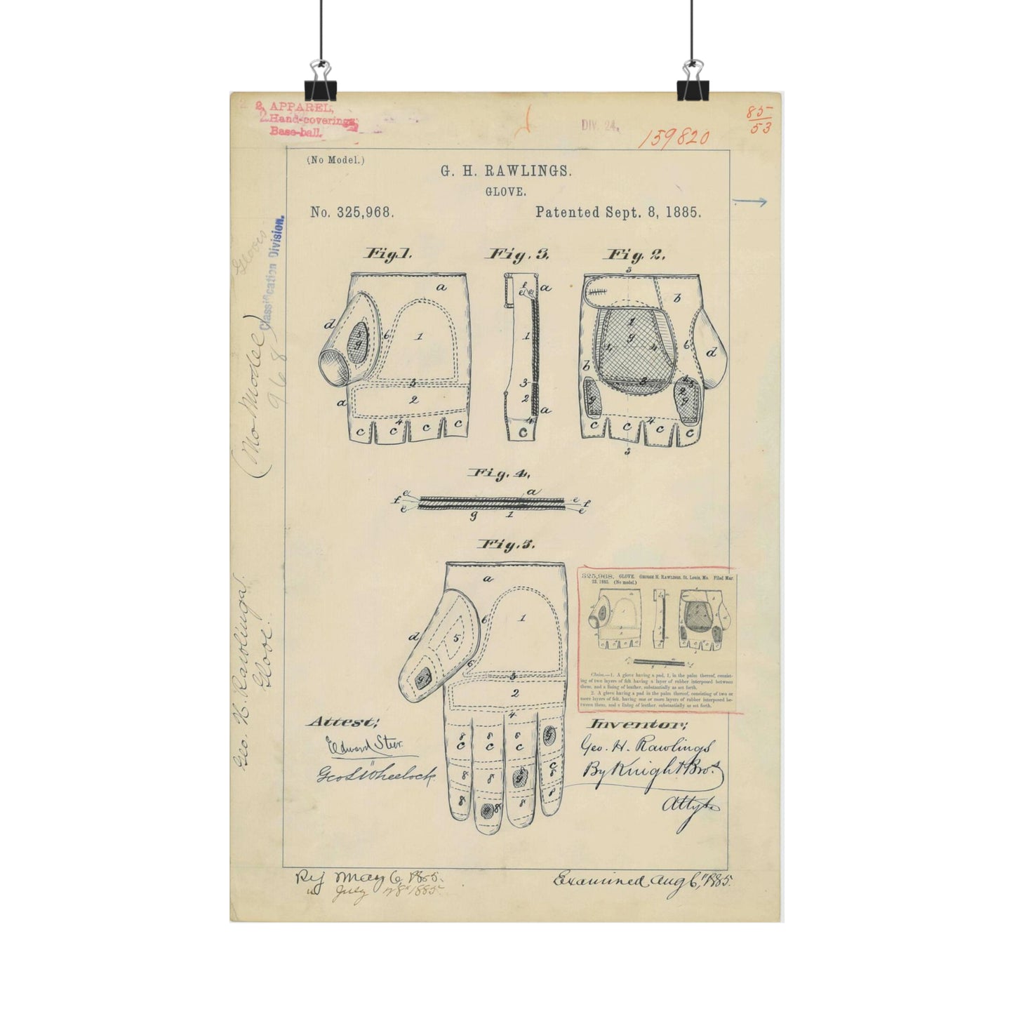 Patent drawing - Drawing for a "Base Ball Glove" Public domain image High Quality Matte Wall Art Poster for Home, Office, Classroom
