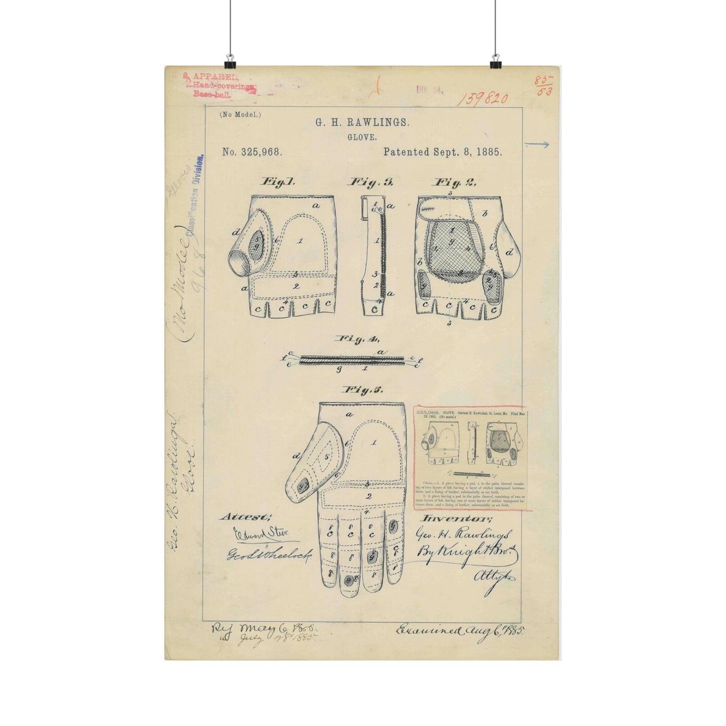 Patent drawing - Drawing for a "Base Ball Glove" Public domain image High Quality Matte Wall Art Poster for Home, Office, Classroom