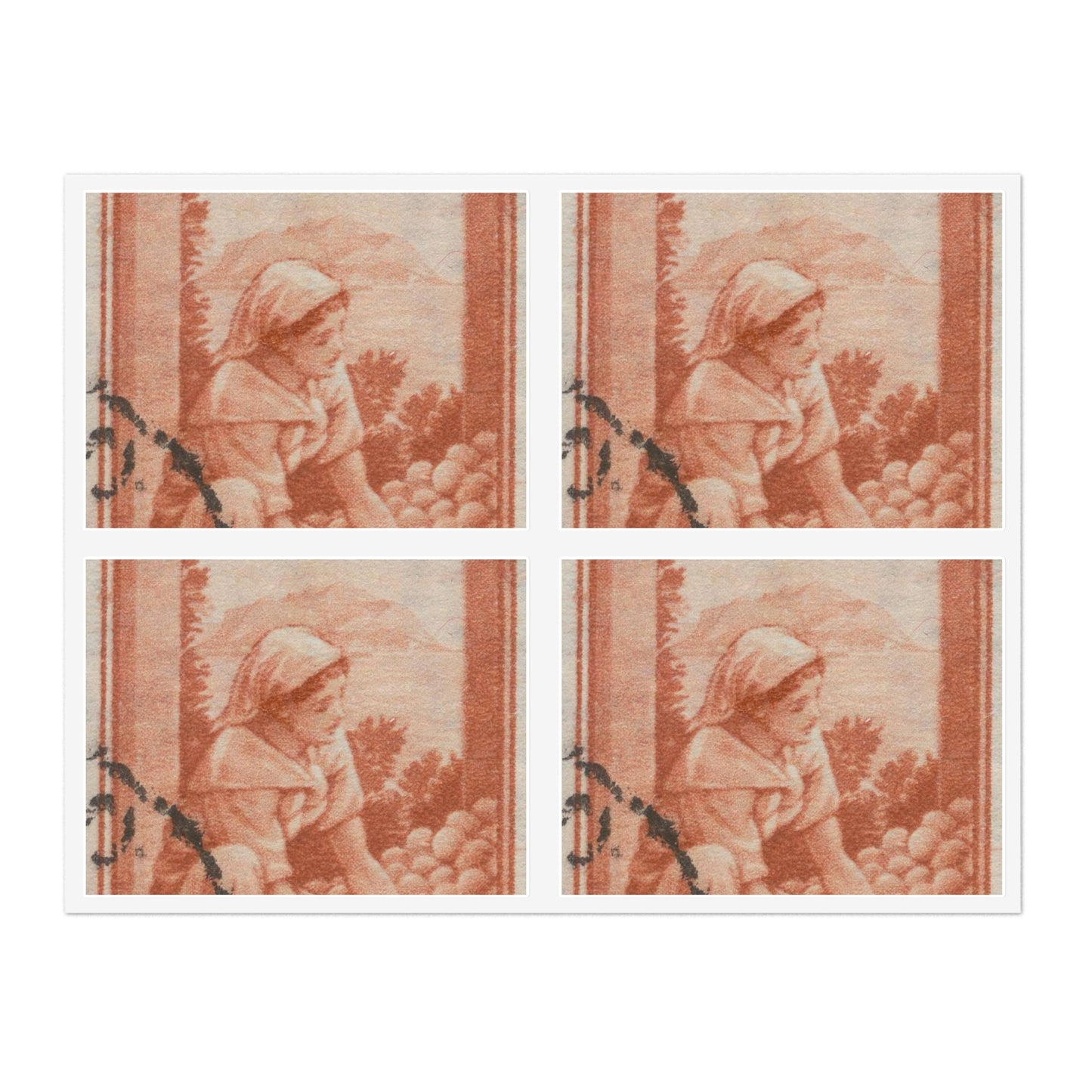 Frimärke ur Gösta Bodmans filatelistiska motivsamling, påbörjad 1950.Frimärke från Italien, 1950. Motiv av apelsinskörd på Sicilien. Laminated UV Protective Vinyl Stickers