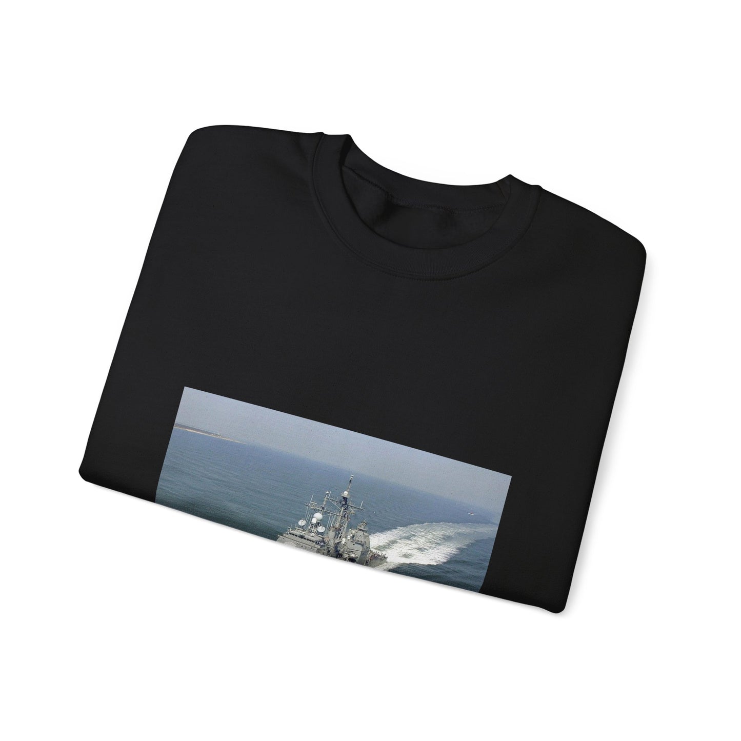 Aerial port bow view of the guided missile cruiser USS GETTYSBURG (CG 64) underway off Fort Story, Virginia Black Heavy Blend Adult Crew Neck SweatShirt
