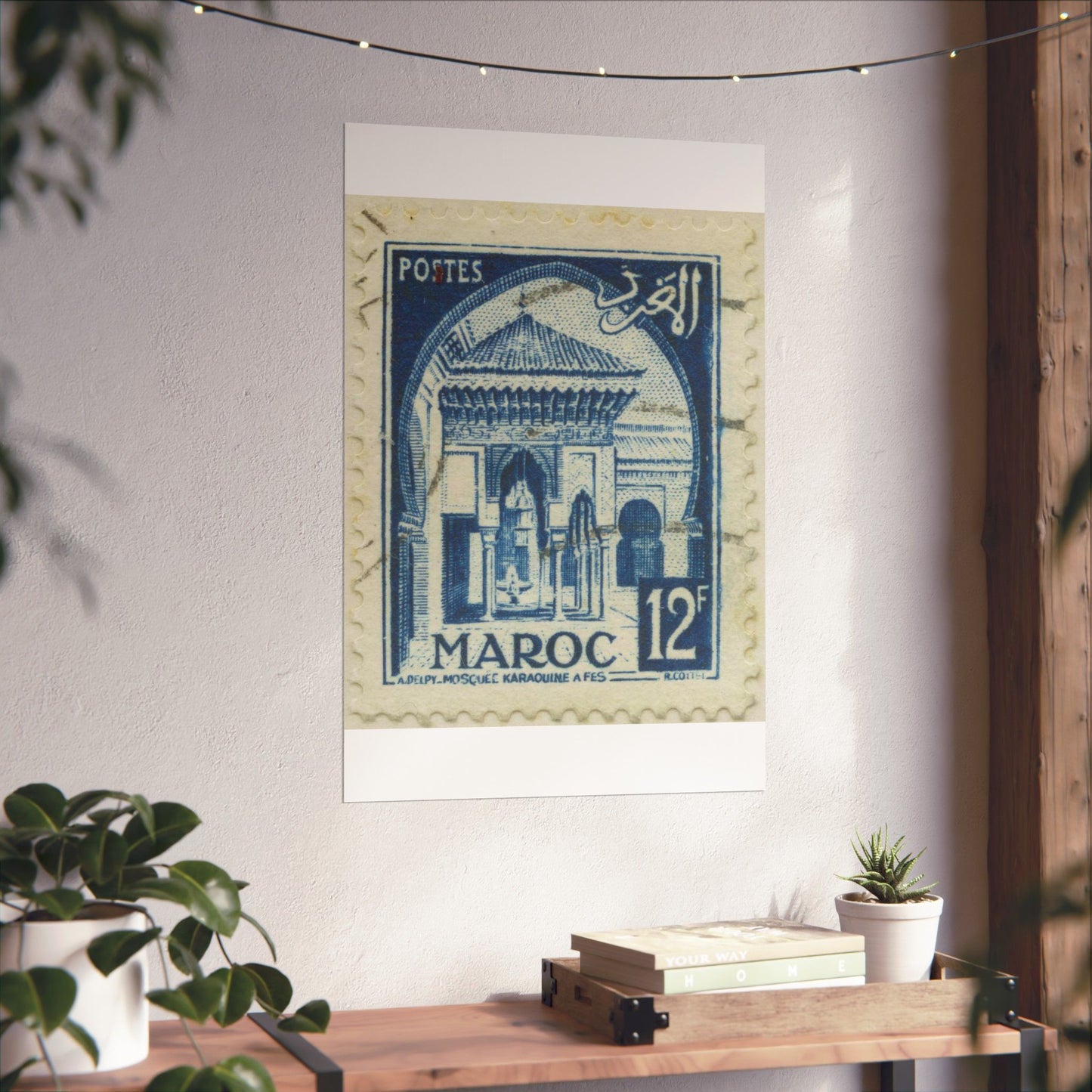 Frimärke ur Gösta Bodmans filatelistiska motivsamling, påbörjad 1950.Frimärke från Franska Marocko, 1951. Motiv av moskéen Karaouin. High Quality Matte Wall Art Poster for Home, Office, Classroom