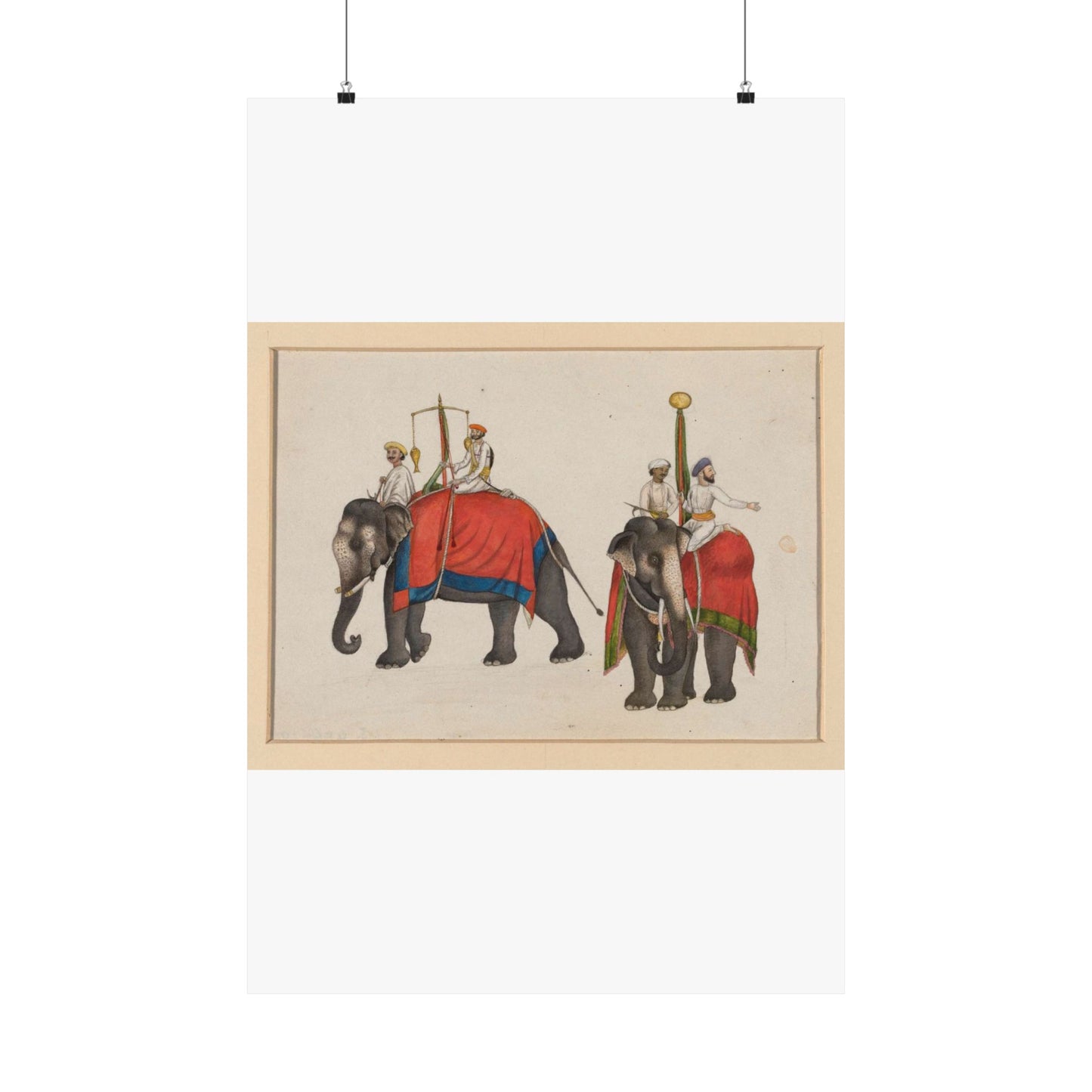 Two elephants carrying the fish and sun insignia of Mughal sovereignty High Quality Matte Wall Art Poster for Home, Office, Classroom
