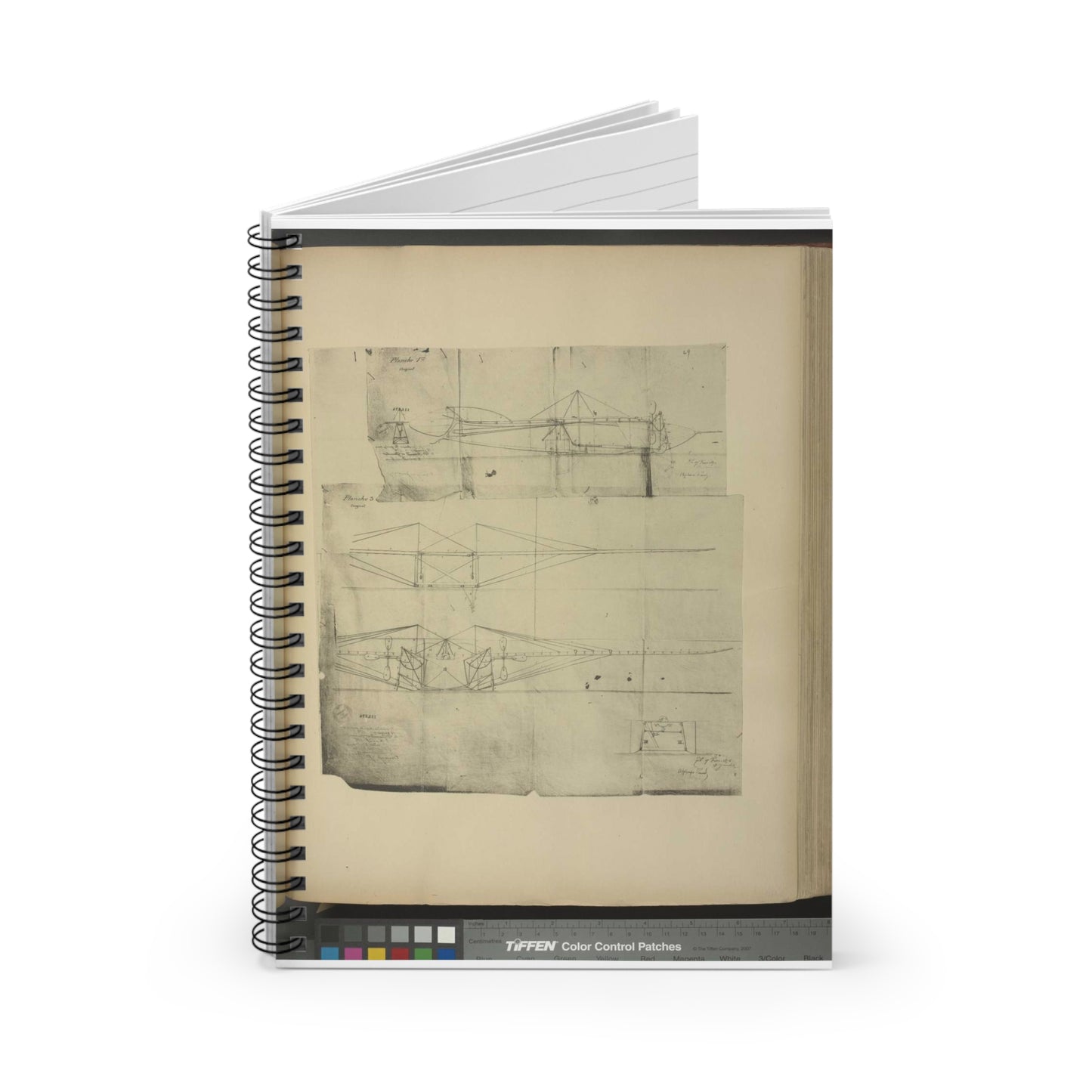 Patent drawing - Planche I et II du brevet n° 111.574 pris en France le 16 février 1876, par Penaud et Gauchot, pour «Un aéro-plane ou appareil aérien volant». Public domain image Spiral Bound Ruled Notebook with Printed Cover