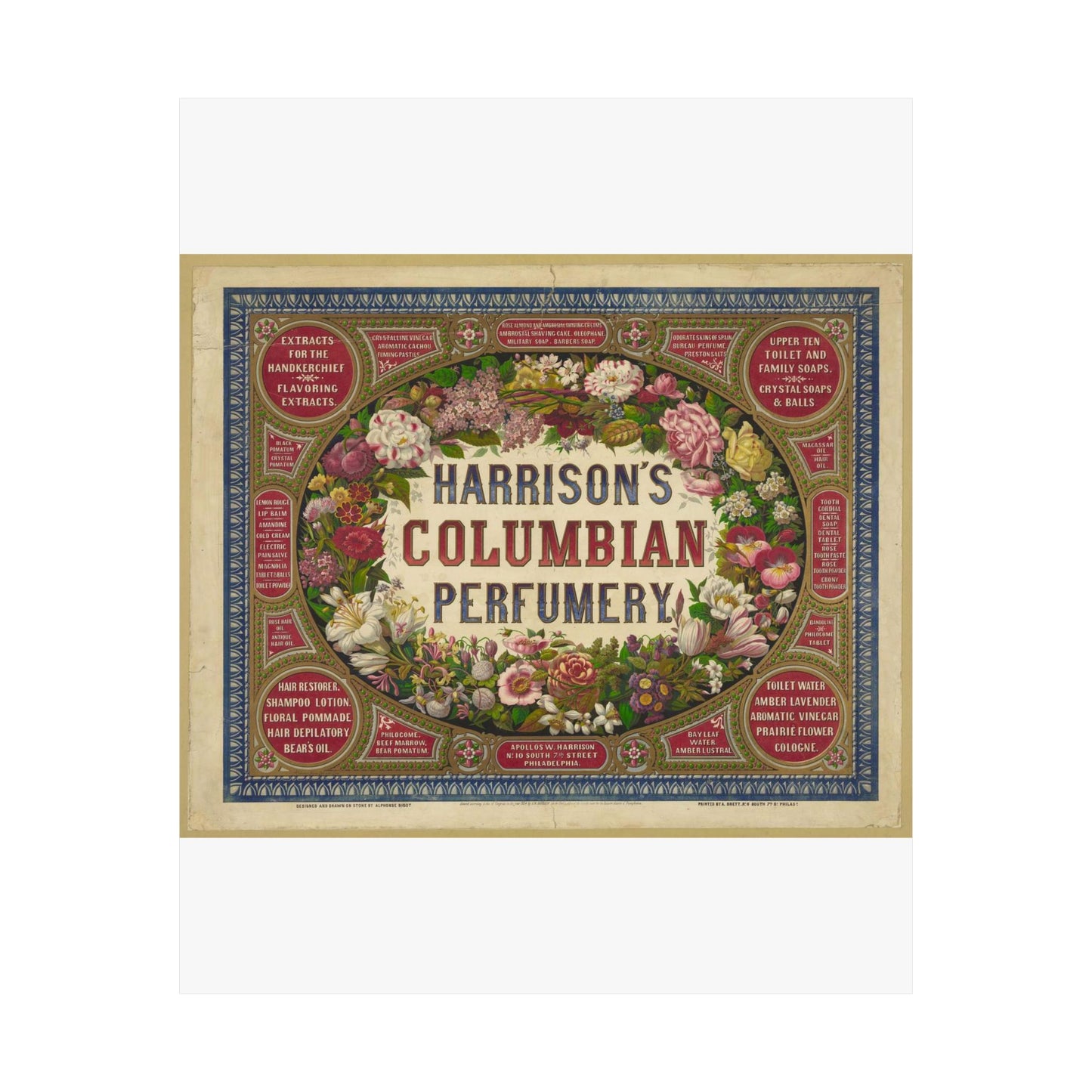 Harrison's Columbian perfumery / Designed and drawn on stone by Alphonse Bigot. High Quality Matte Wall Art Poster for Home, Office, Classroom