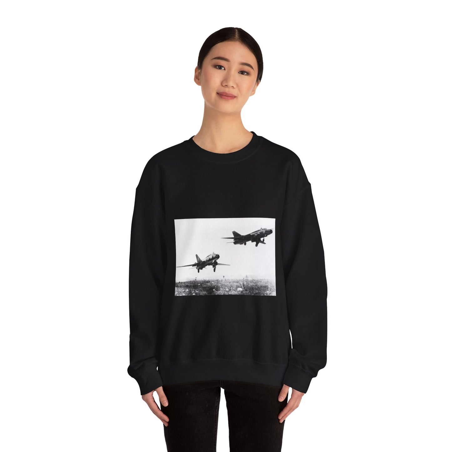 A right side view of a Soviet Su-17 Fitter-G, right, and a Fitter-H aircraft taking off together Black Heavy Blend Adult Crew Neck SweatShirt