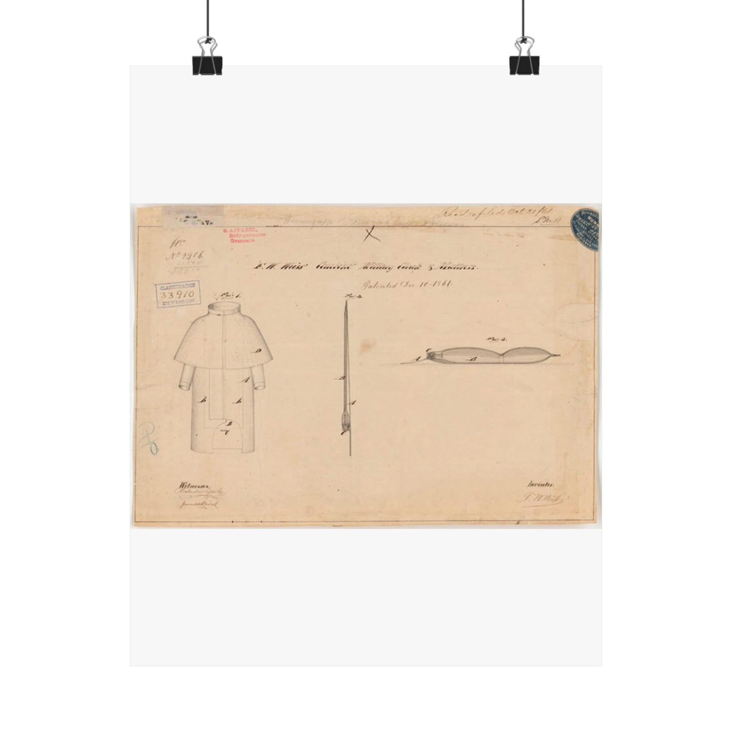Patent drawing - Drawing of Combined Military Cloak and Mattress Public domain image High Quality Matte Wall Art Poster for Home, Office, Classroom
