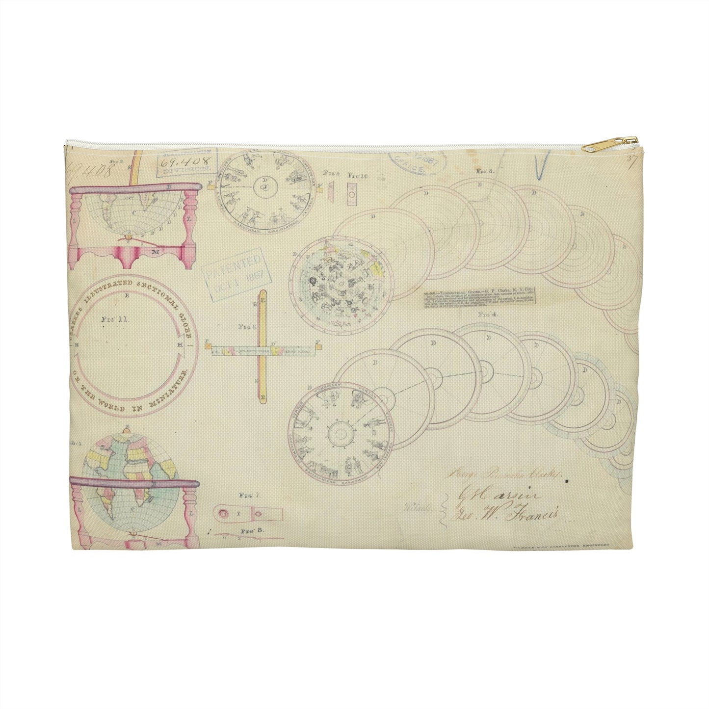Patent drawing - Drawing of a Terrestrial Globe Public domain image Large Organizer Pouch with Black Zipper