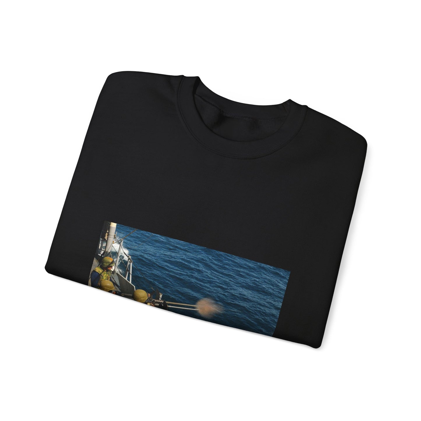 US Navy 110514-N-YM590-214 Gunner's Mate 2nd Class Charles H. Talbert fires a .50-caliber machine gun during a crew-served weapons certification ex Black Heavy Blend Adult Crew Neck SweatShirt