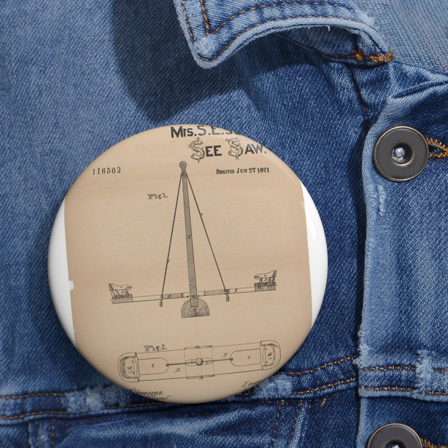 Patent drawing - for a See Saw Public domain image Pin Buttons with Crisp Design