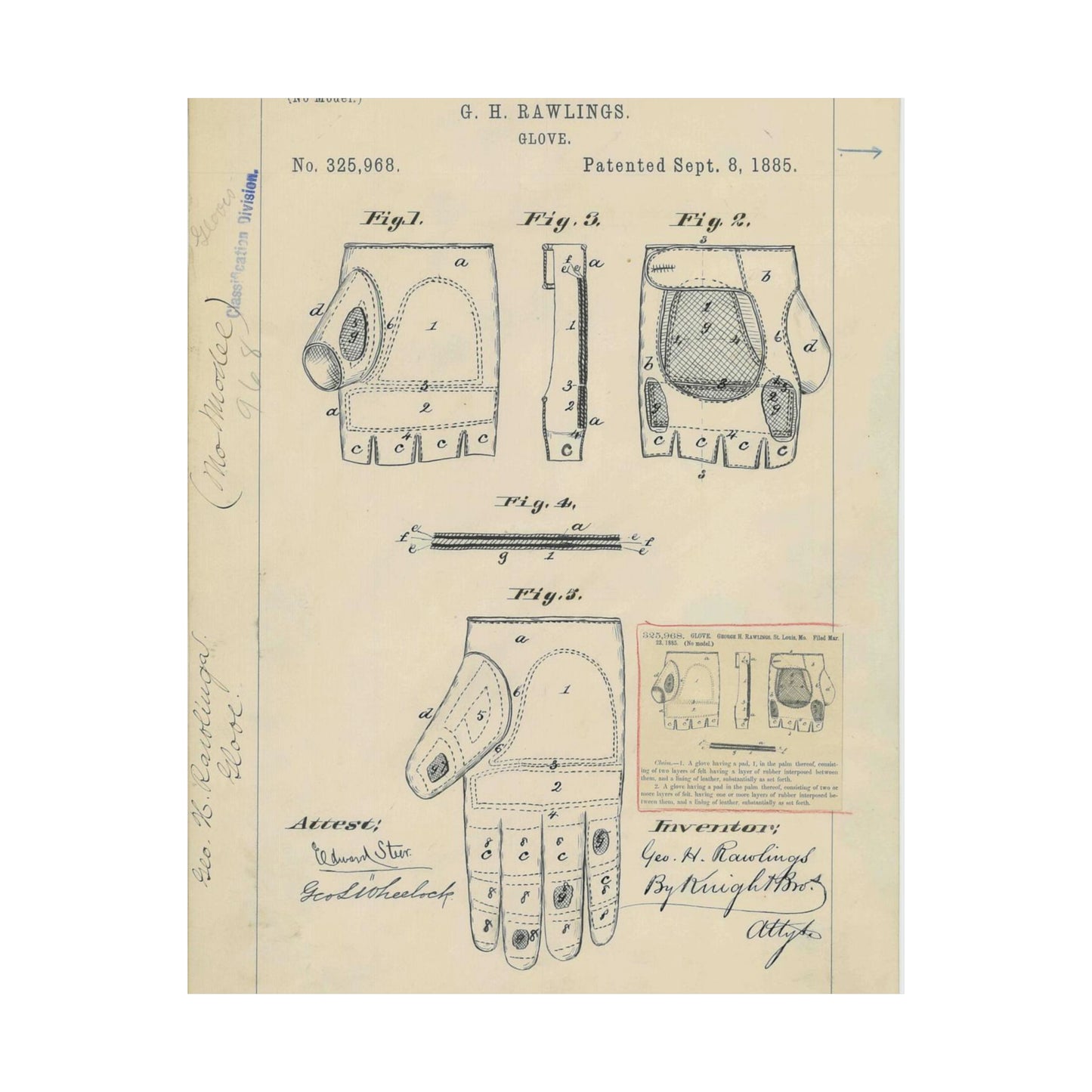 Patent drawing - Drawing for a "Base Ball Glove" Public domain image High Quality Matte Wall Art Poster for Home, Office, Classroom