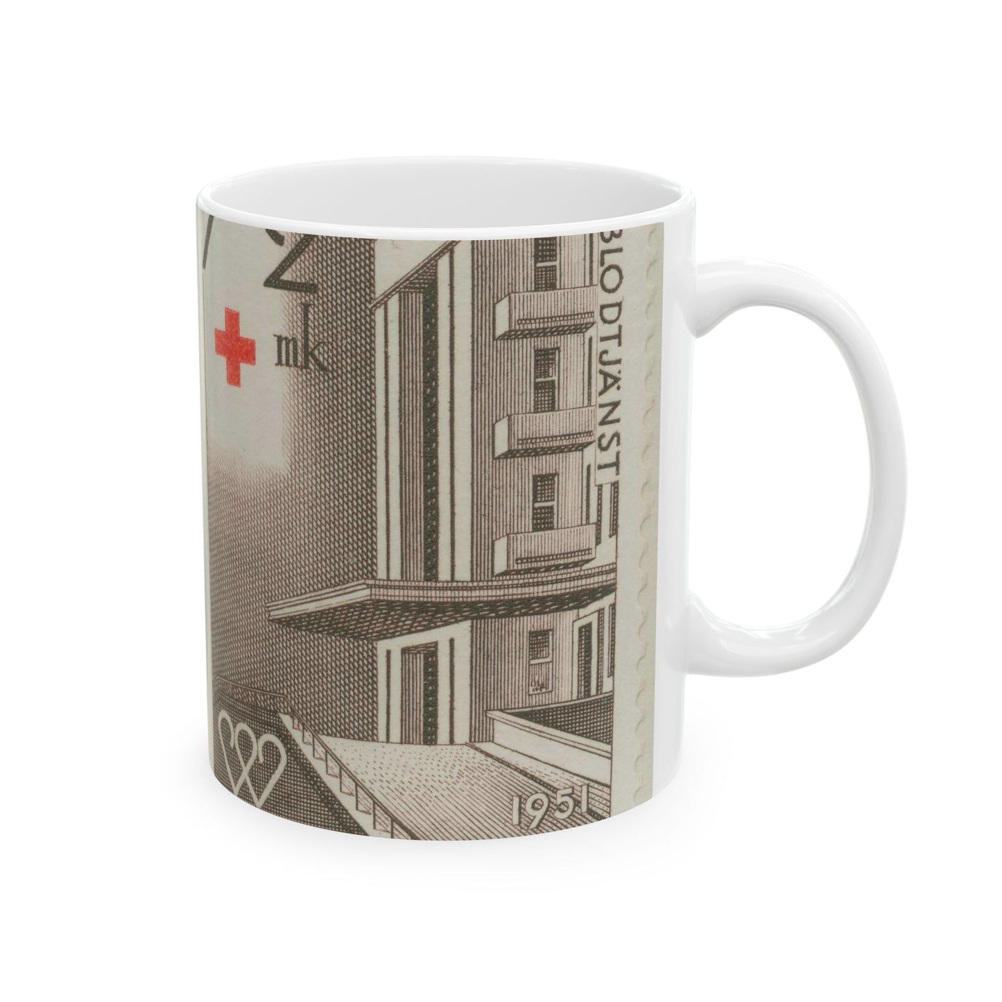 Frimärke ur Gösta Bodmans filatelistiska motivsamling, påbörjad 1950.Frimärke från Finlamd, 1951. Motiv av institut för blodtjänst. "Serie: Röda Korset". Beautiful Novelty Ceramic Coffee Mug 11oz
