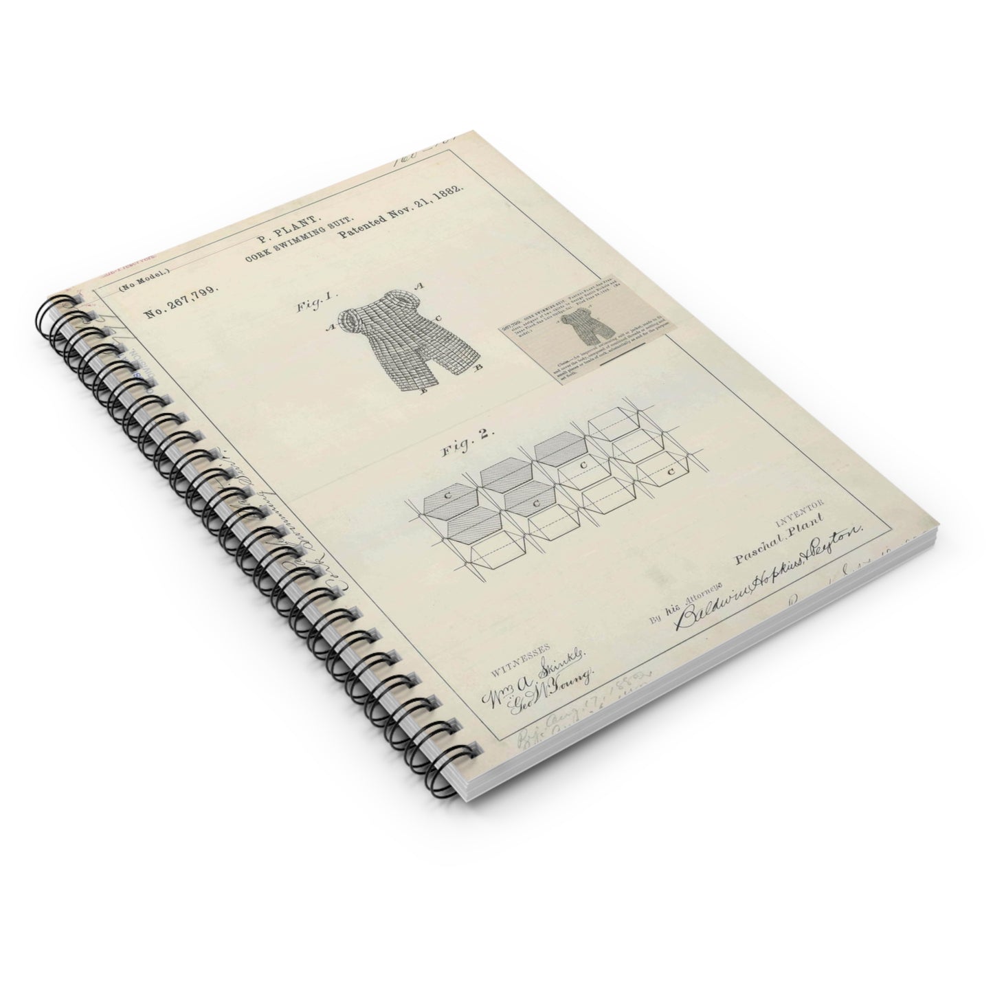 Patent drawing - for P. Plant's Cork Swimming Suit Public domain image Spiral Bound Ruled Notebook with Printed Cover
