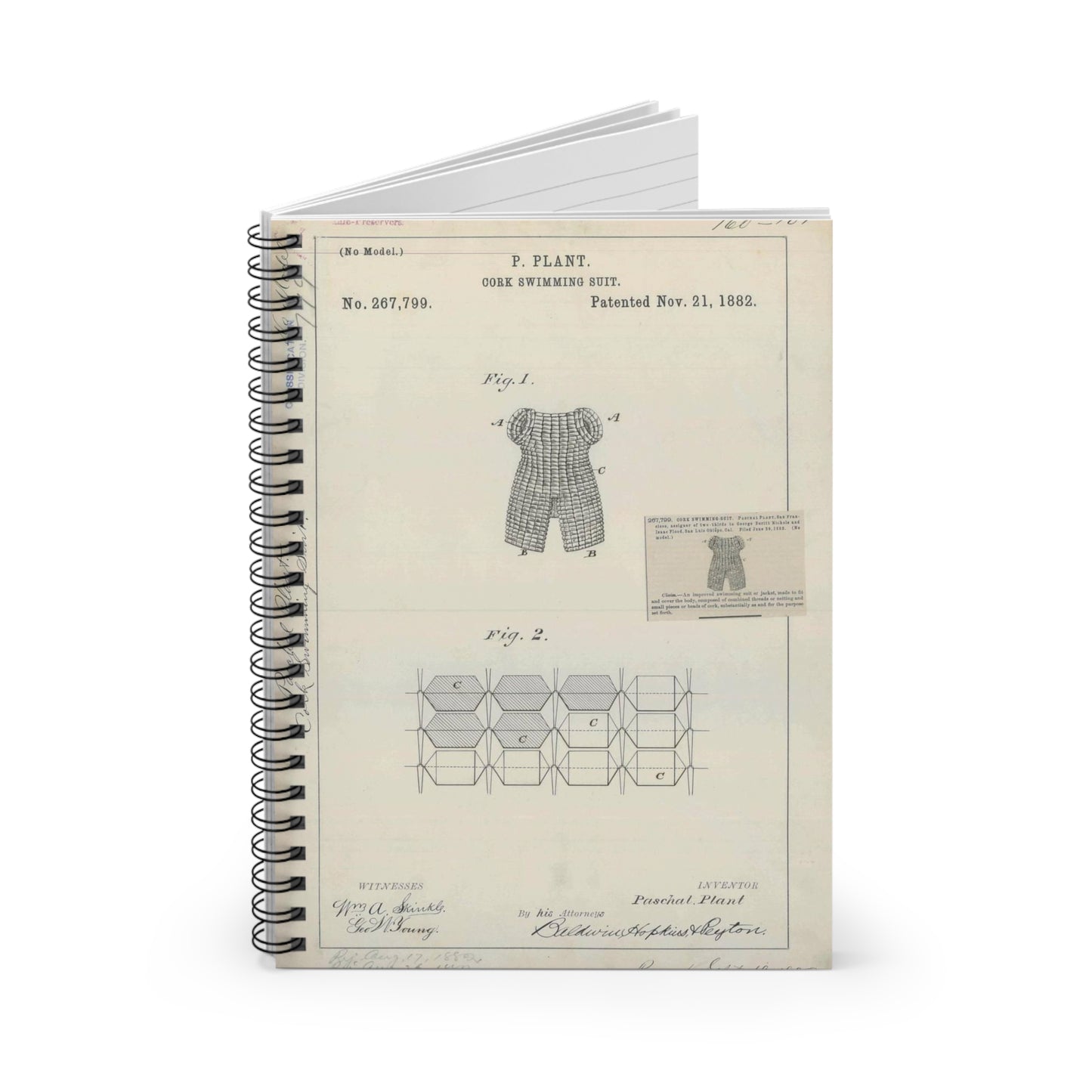 Patent drawing - for P. Plant's Cork Swimming Suit Public domain image Spiral Bound Ruled Notebook with Printed Cover
