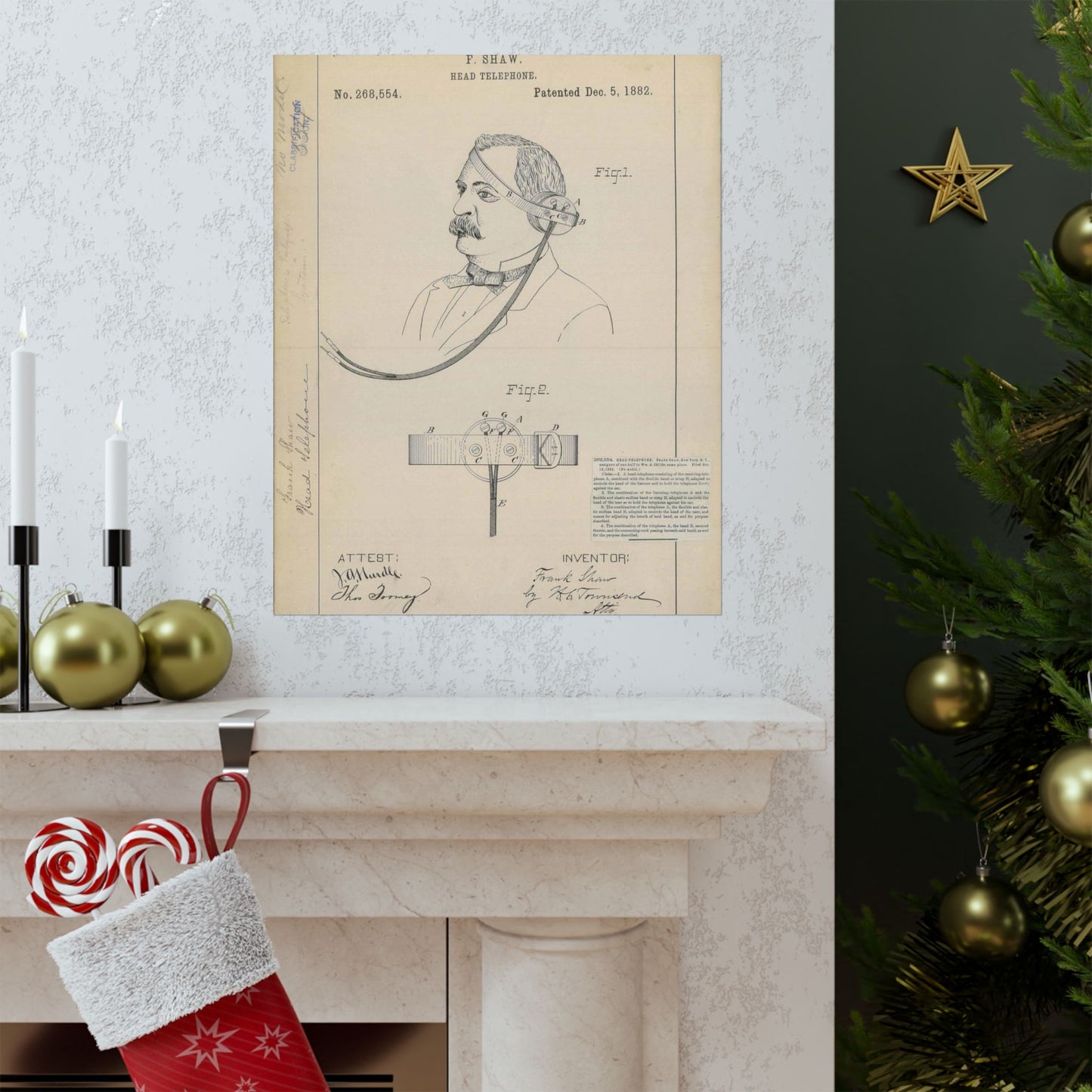 Patent drawing - for F. Shaw's Head Telephone Public domain image High Quality Matte Wall Art Poster for Home, Office, Classroom