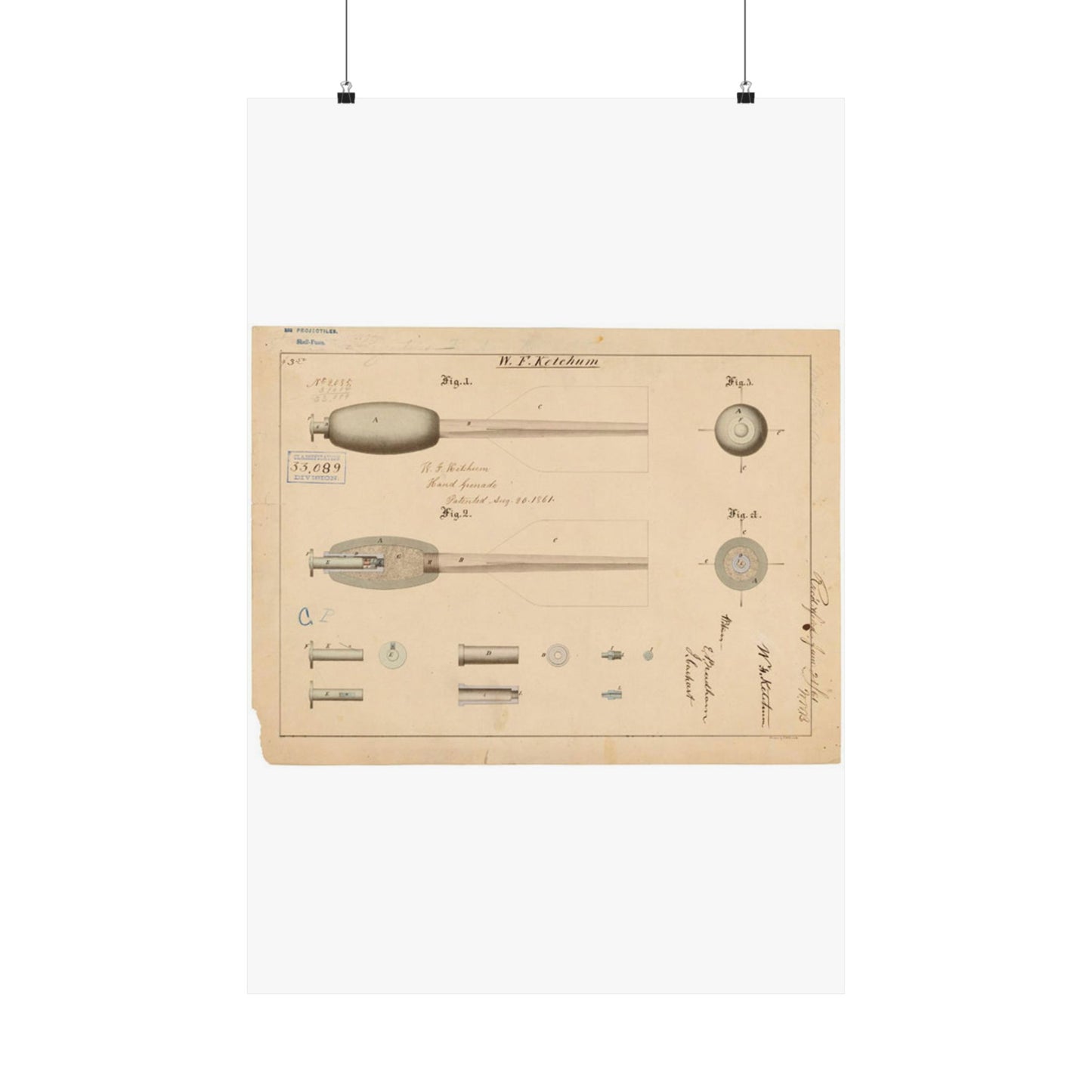 Patent Drawing of Engine - Drawing of Hand Grenade Public domain image High Quality Matte Wall Art Poster for Home, Office, Classroom