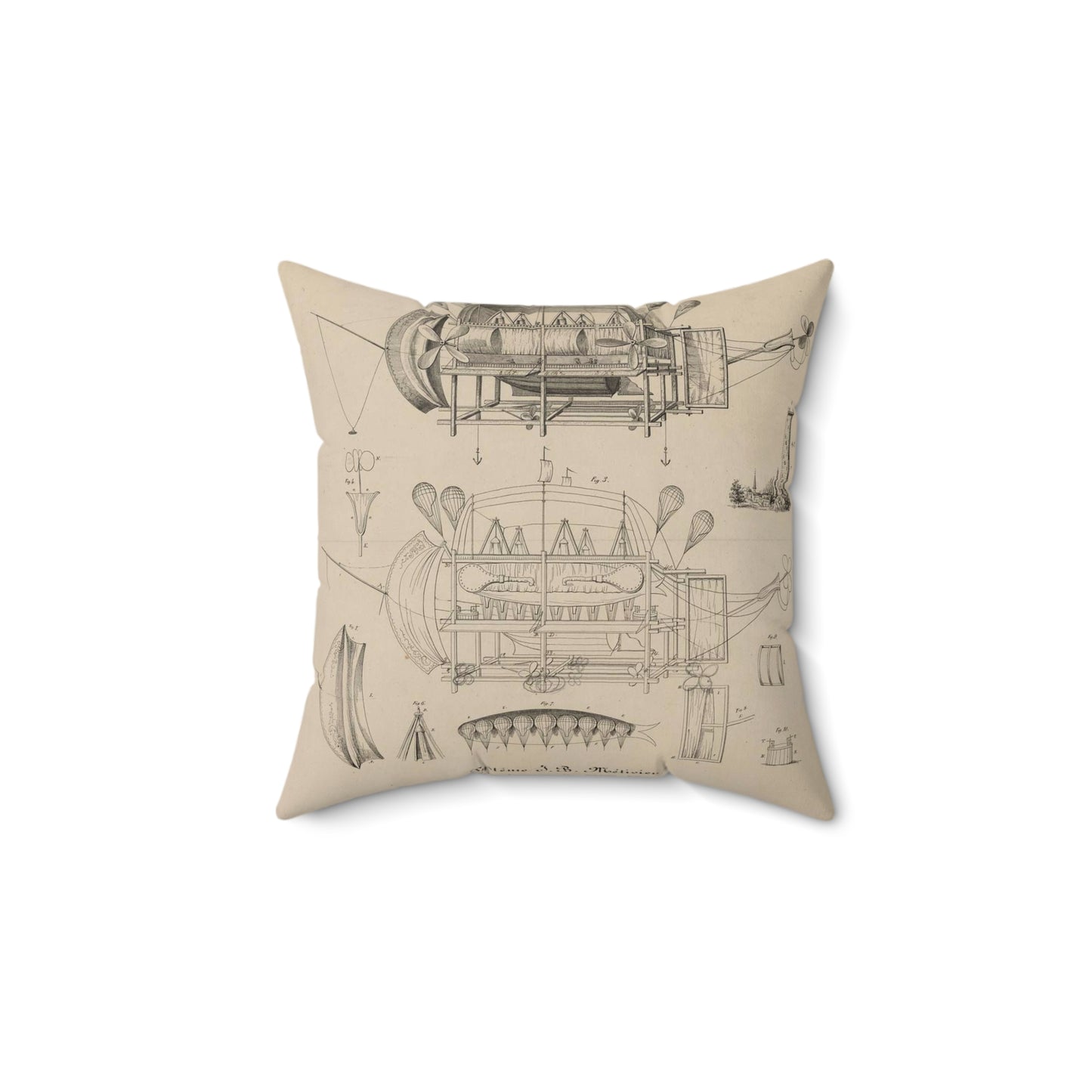 Patent drawing - Navire aérien dirigeable. Systême J.B. Métivier, force ascensionnelle 90,000 kos. Public domain image Decorative Accent Square Pillow