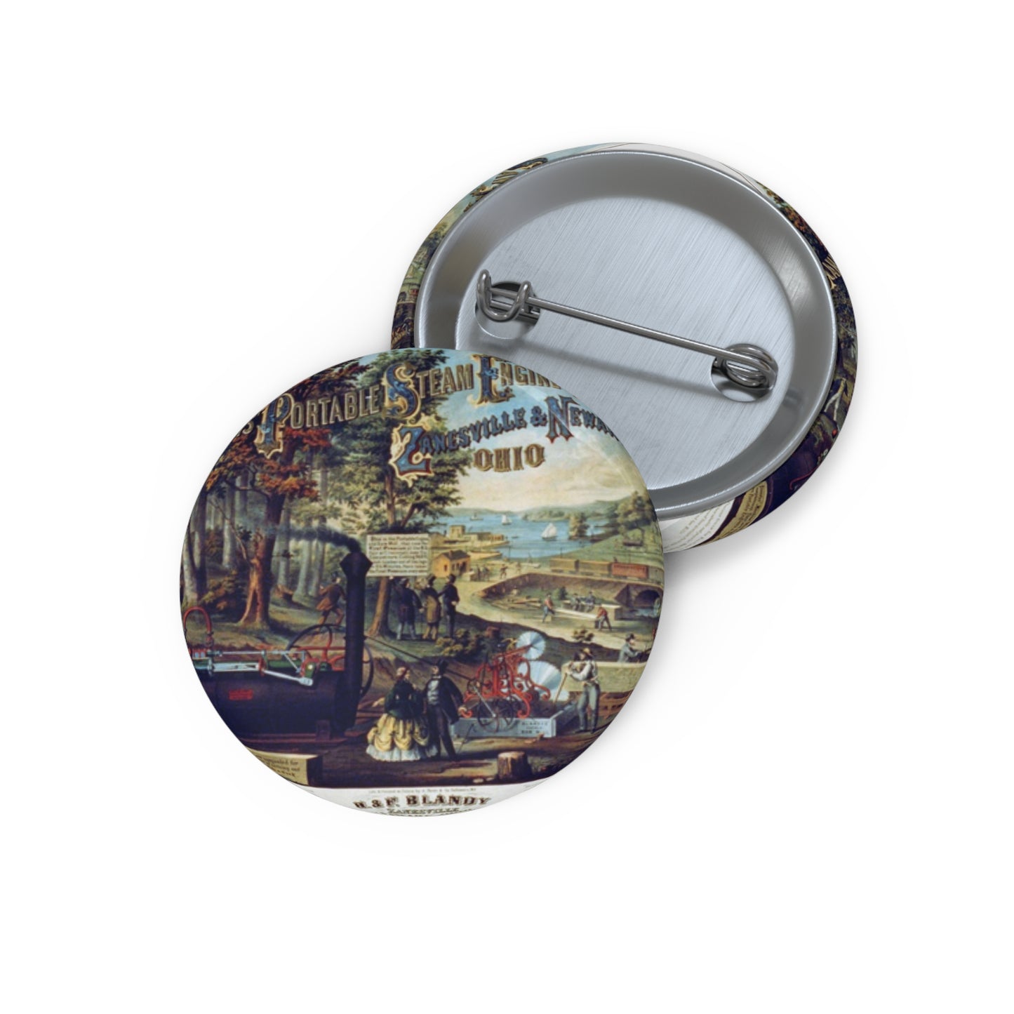 Blandy's portable steam engine and saw mills, Zanesville & Newark Ohio Pin Buttons with Crisp Design