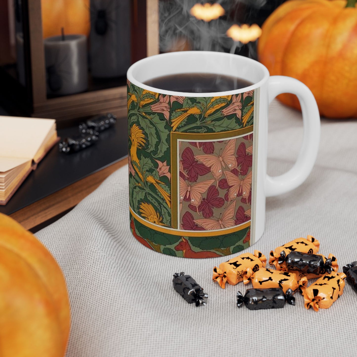 Huppes et stramoine, bordure. Papillons, étoffe de soie. Kangourou et arbres, bordure. Beautiful Novelty Ceramic Coffee Mug 11oz