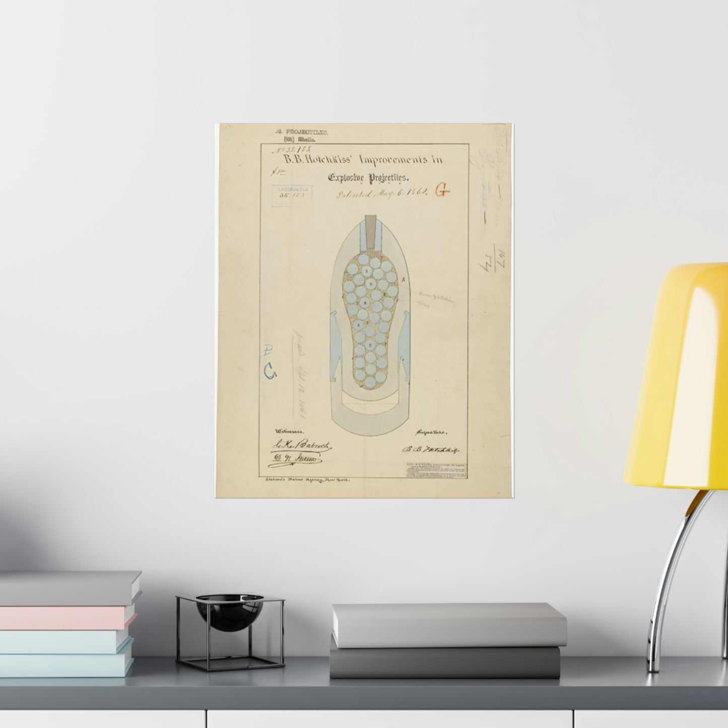 Patent drawing - Drawing of Improvements in Explosive Projectiles Public domain image High Quality Matte Wall Art Poster for Home, Office, Classroom