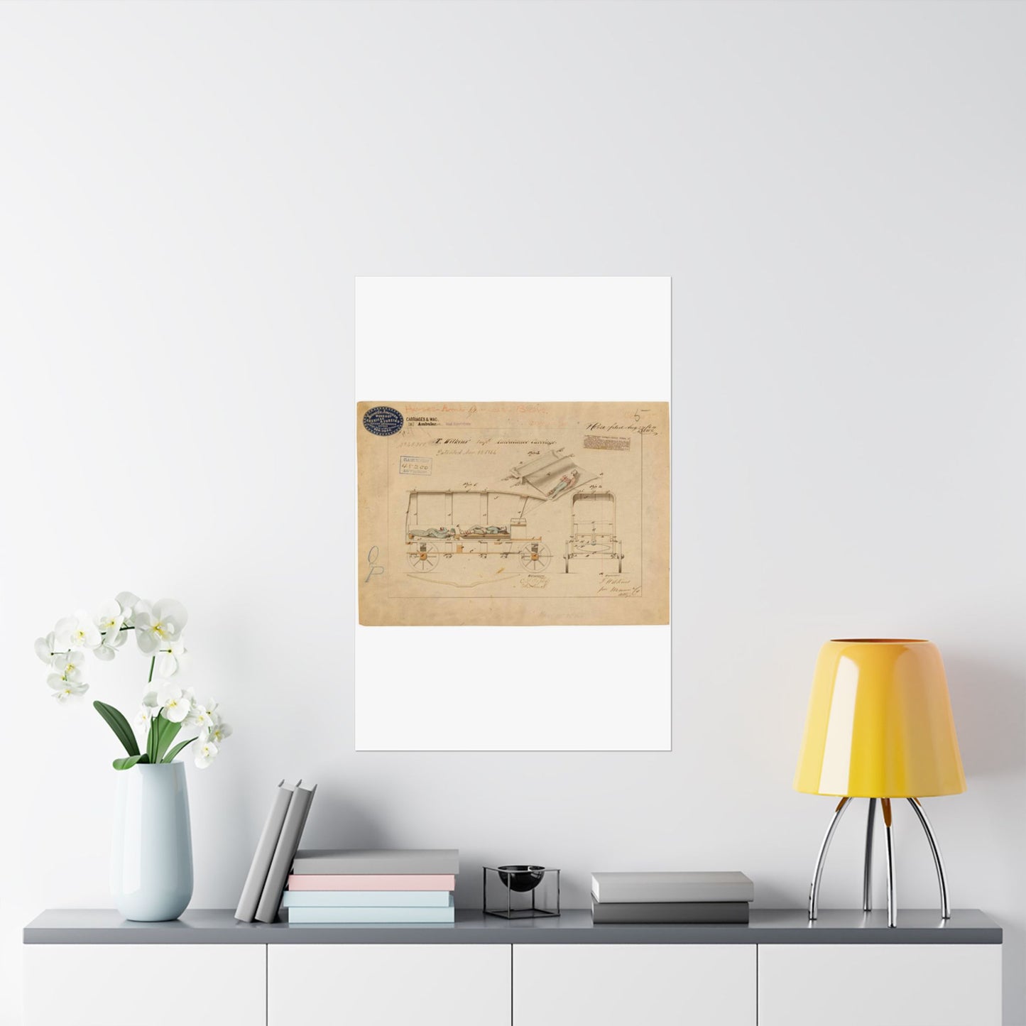 Patent drawing - Drawing of Improved Ambulance Carriage Public domain image High Quality Matte Wall Art Poster for Home, Office, Classroom