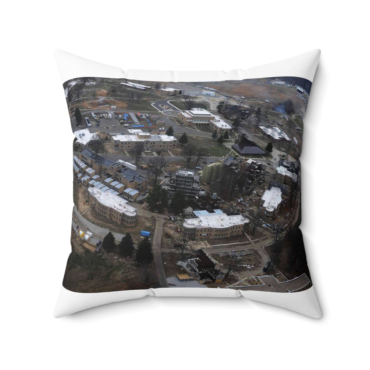 An aerial view of the Muscatatuck Urban Training Center Decorative Accent Square Pillow