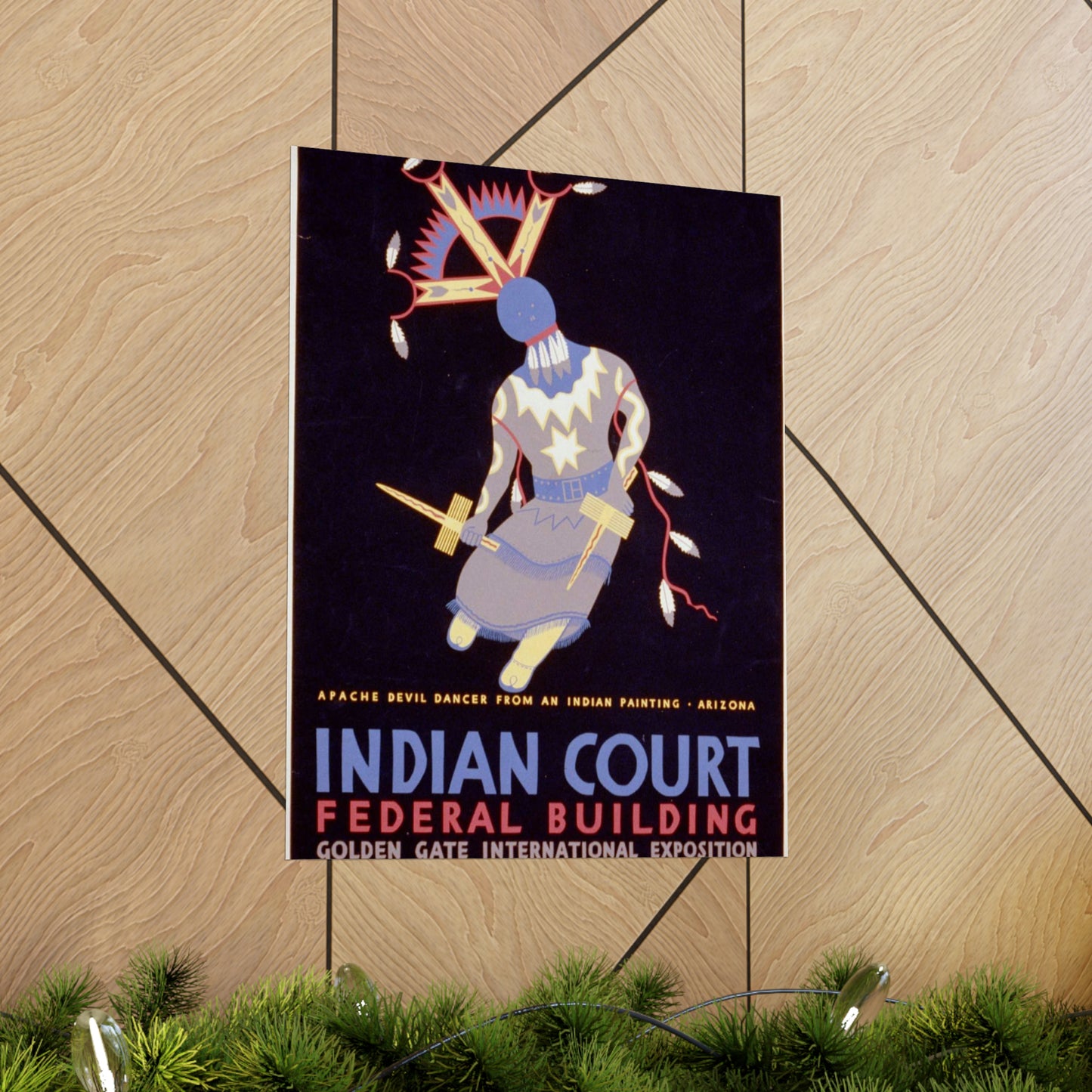 Indian court, Federal Building, Golden Gate International Exposition, San Francisco, 1939 Apache devil dancer from an Indian painting, Arizona / / Siegriest. High Quality Matte Wall Art Poster for Home, Office, Classroom