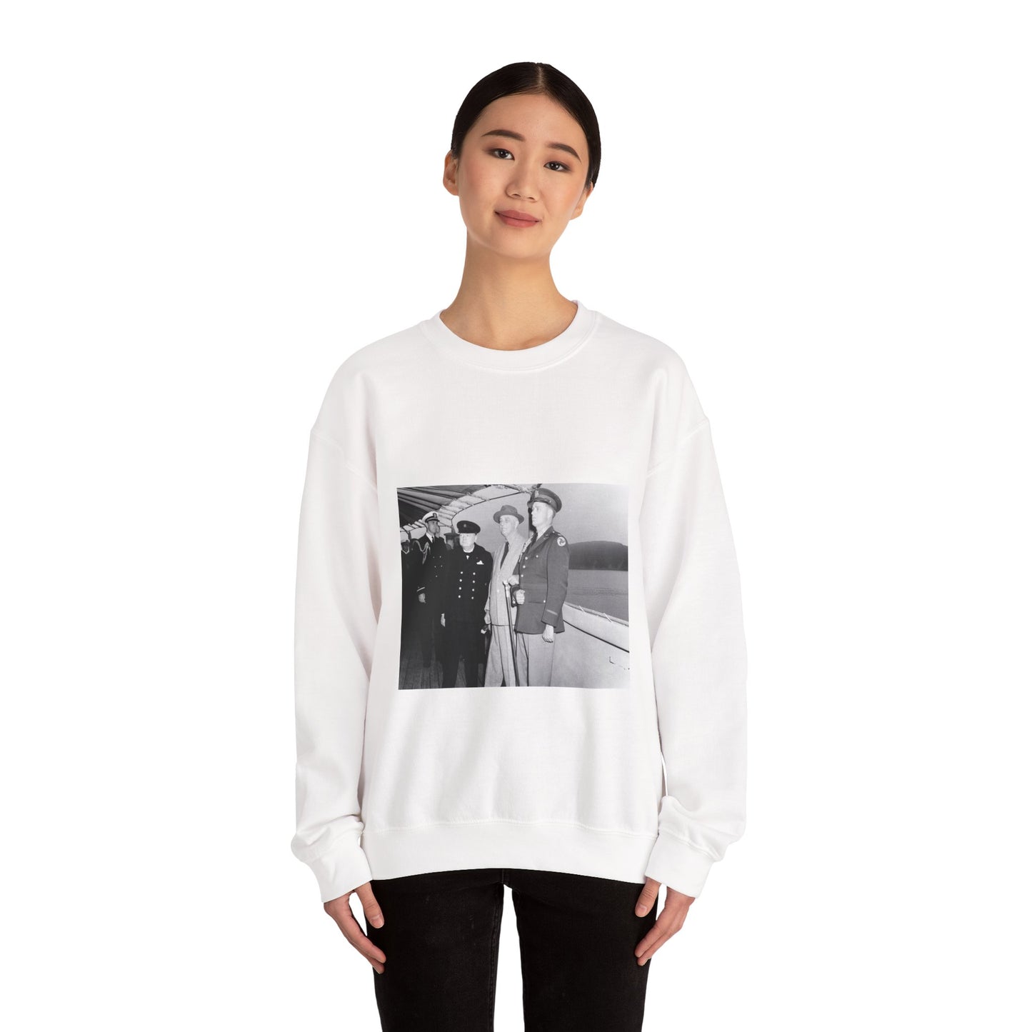 Winston Churchill with Franklin D. Roosevelt on board USS Augusta (CA-31) on 9 August 1941 (NH 67201) White Heavy Blend Adult Crew Neck SweatShirt