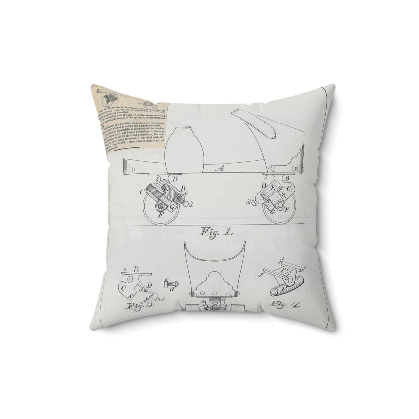Patent drawing - for F. A. Combes' Roller Skate Public domain image Decorative Accent Square Pillow