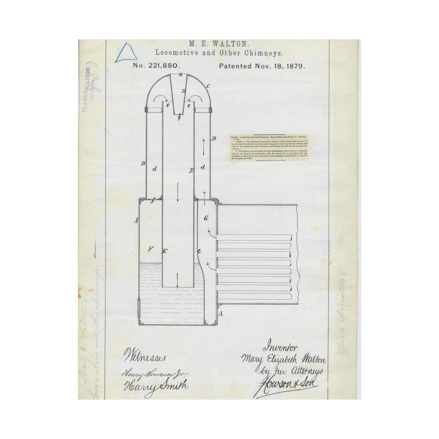 Patent Drawing of Engine - for M. E. Walton's Locomotive and Other Chimneys Public domain image High Quality Matte Wall Art Poster for Home, Office, Classroom