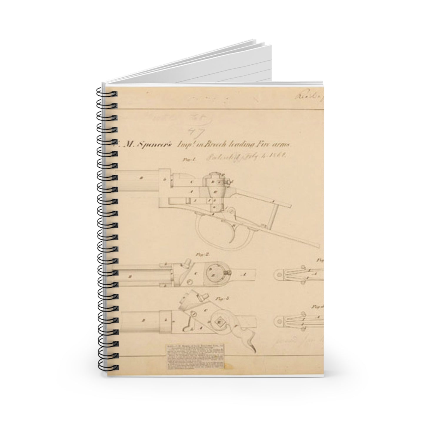 Patent Drawing of Engine - Drawing of Improvements in Breech Loading Fire Arms Public domain image Spiral Bound Ruled Notebook with Printed Cover