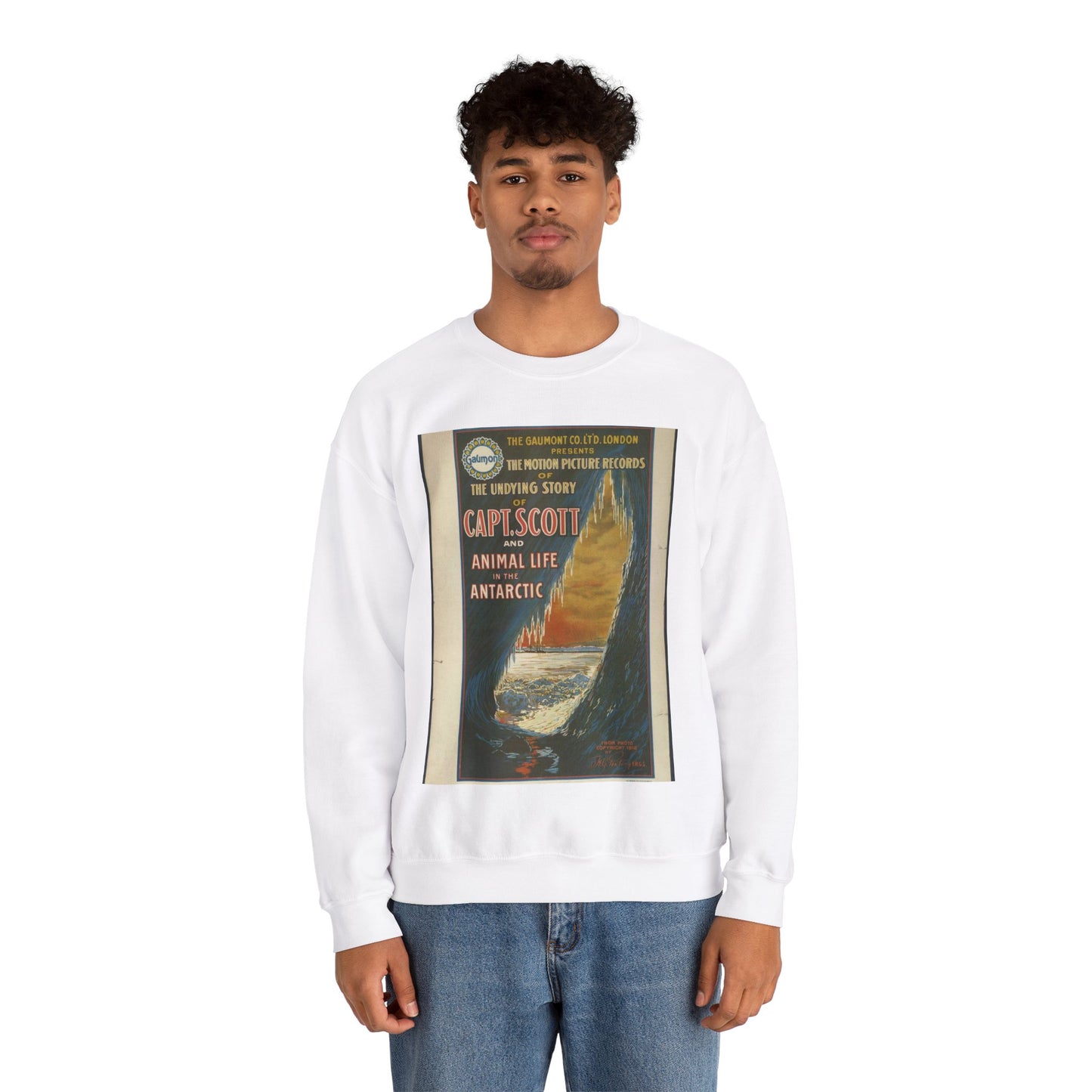The Gaumont Co. L'T'D. London presents the motion picture records of the undying story of Capt. Scott and animal life in the Antarctic / The Morgan Lith. Co., Cleveland, O. White Heavy Blend Adult Crew Neck SweatShirt