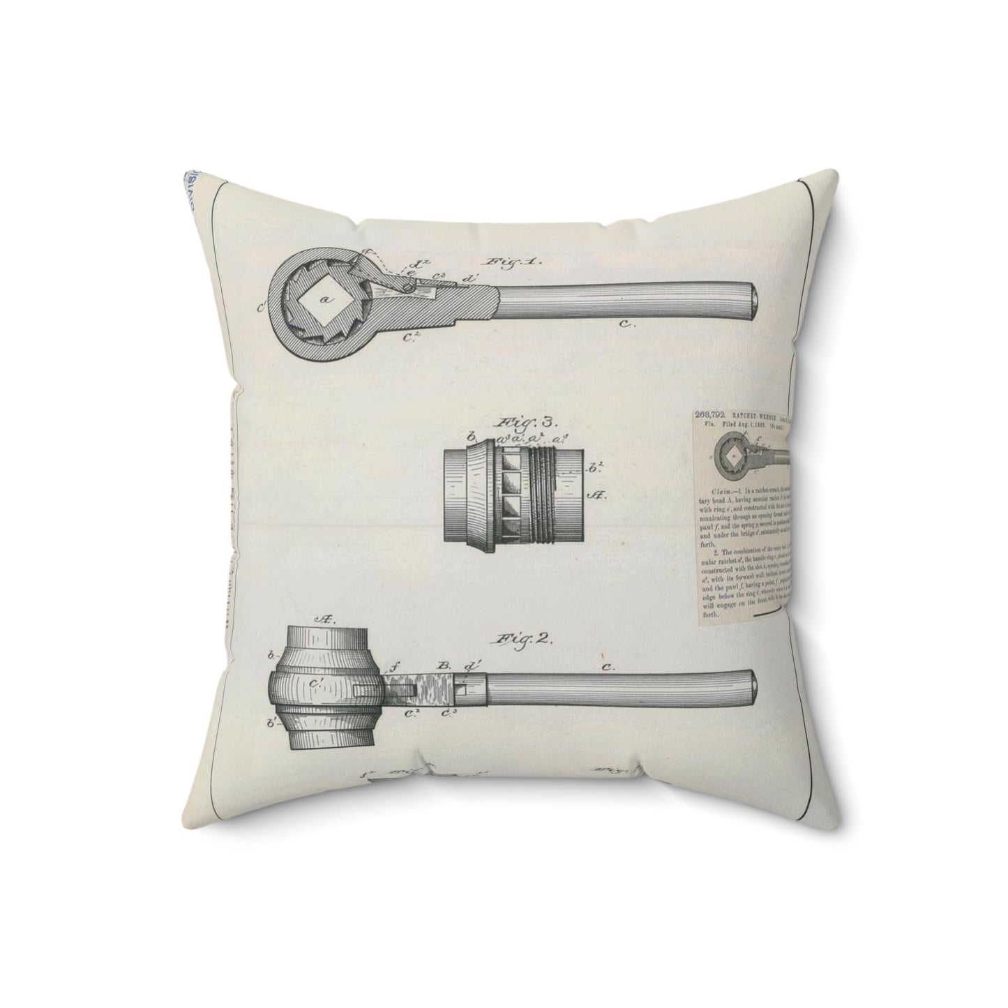 Patent Drawing of Engine - for J. B. Halbert's Ratchet Wrench Public domain image Decorative Accent Square Pillow
