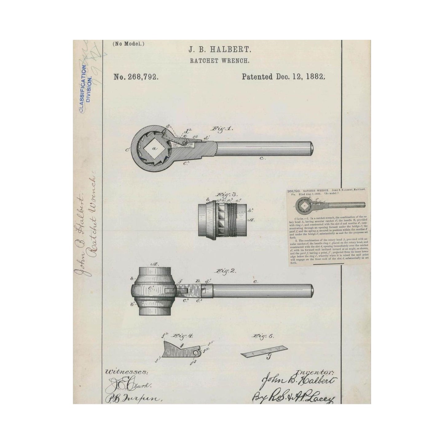 Patent Drawing of Engine - for J. B. Halbert's Ratchet Wrench Public domain image High Quality Matte Wall Art Poster for Home, Office, Classroom