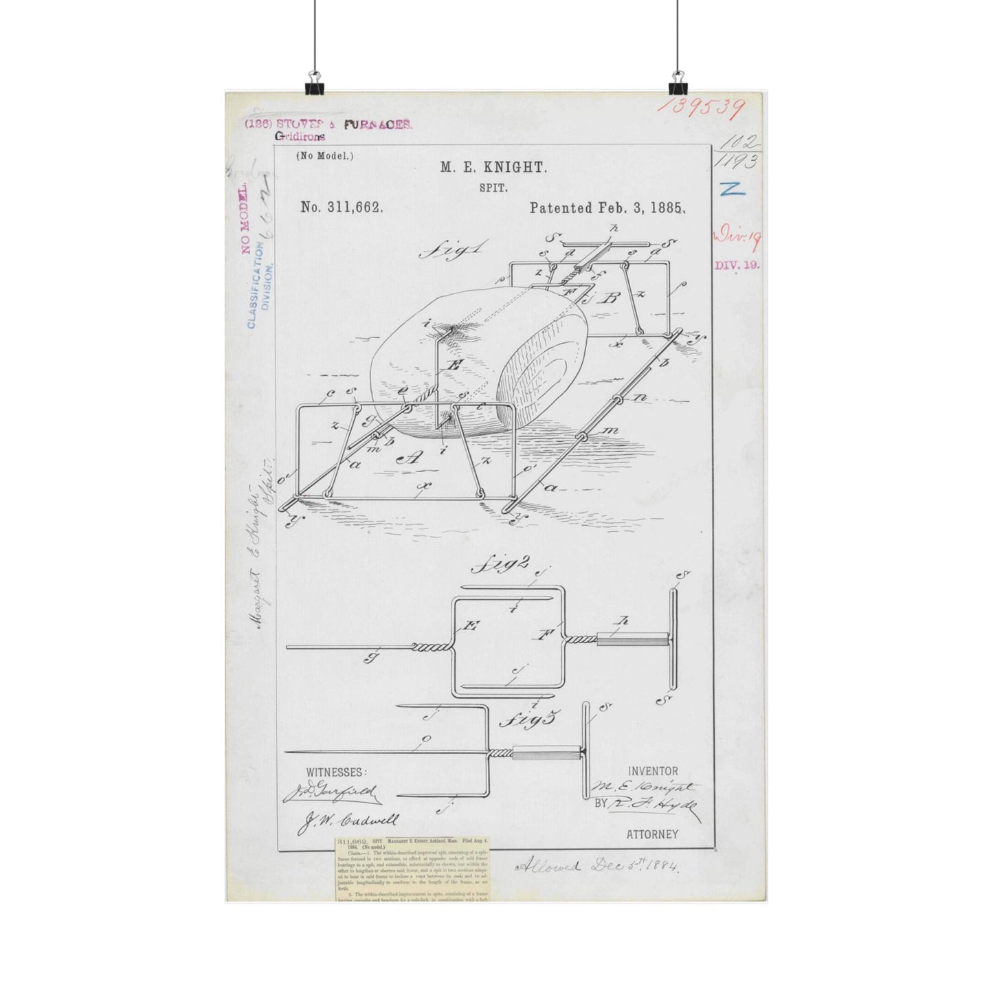 Patent drawing - for M. E. Knight's Spit Public domain image High Quality Matte Wall Art Poster for Home, Office, Classroom