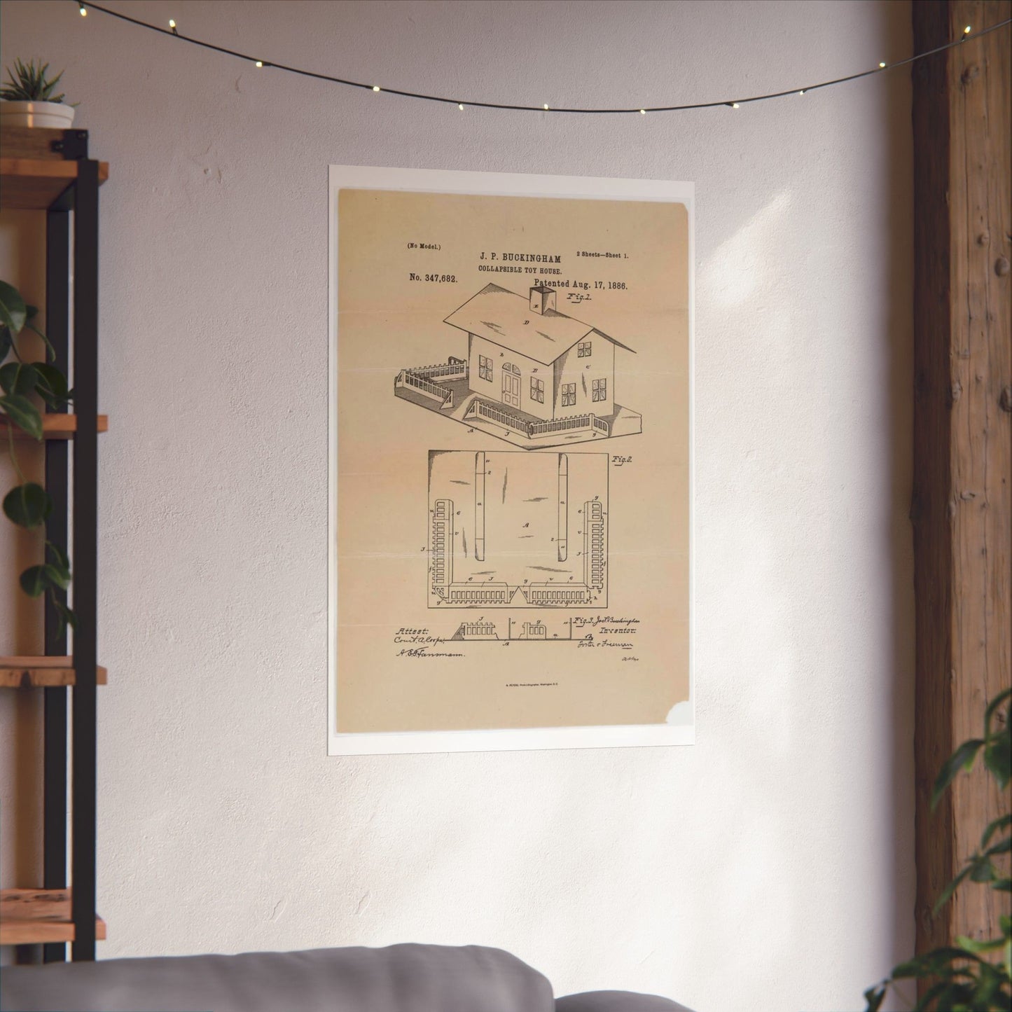 Patent Drawing of Engine - Drawing for a Collapsible Toy House Public domain image High Quality Matte Wall Art Poster for Home, Office, Classroom
