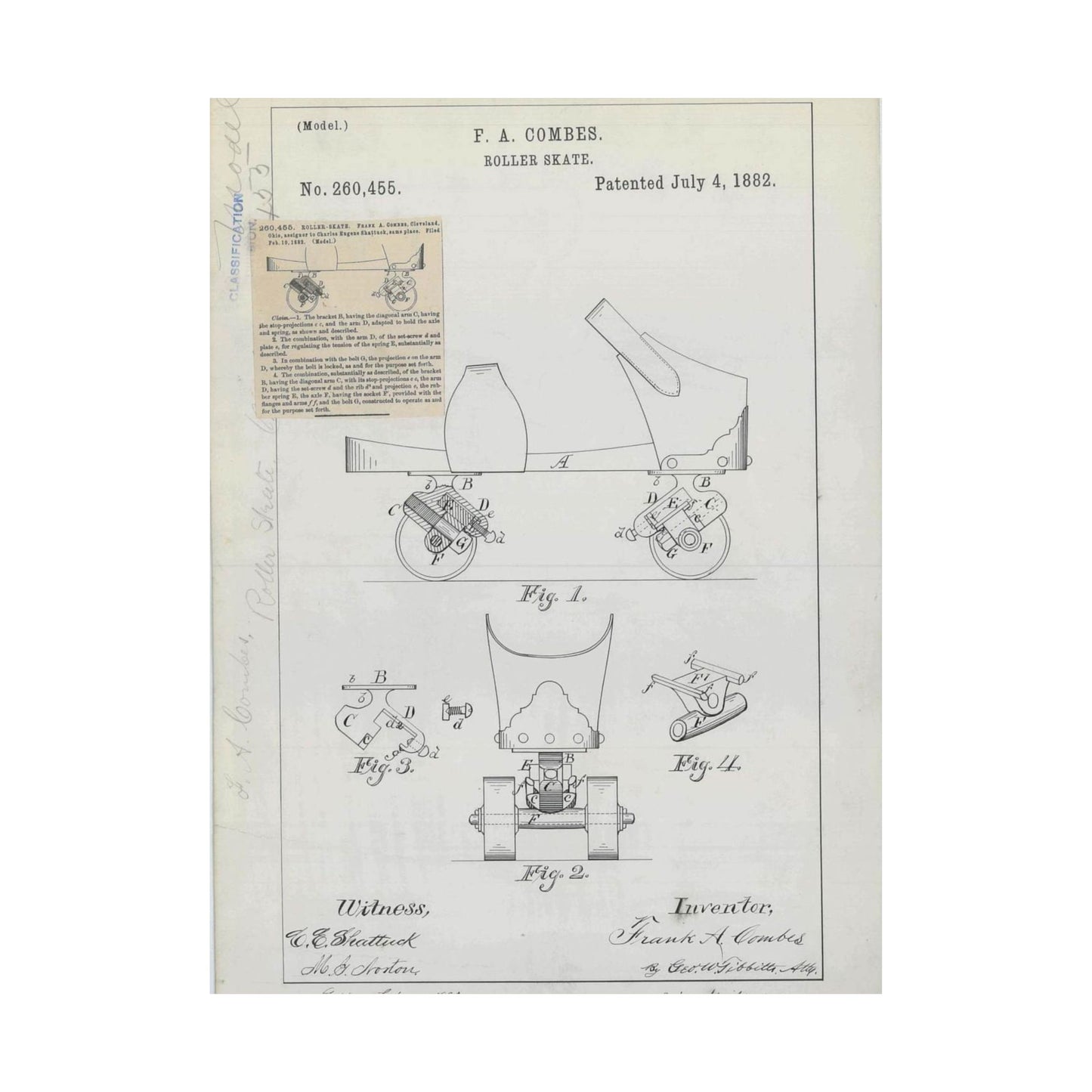 Patent drawing - for F. A. Combes' Roller Skate Public domain image High Quality Matte Wall Art Poster for Home, Office, Classroom
