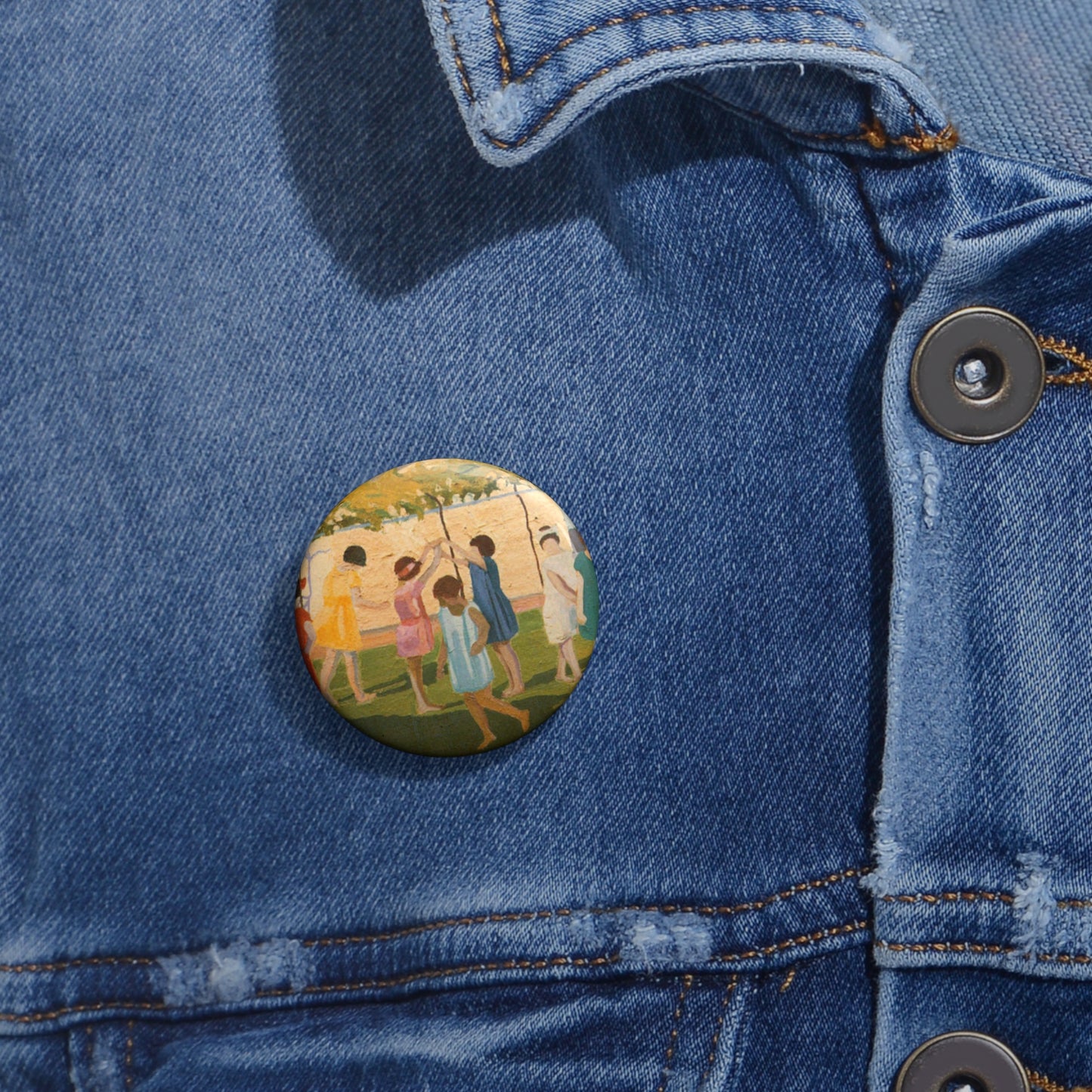 Petrona Viera - A painting of a group of children playing with a kite Pin Buttons with Crisp Design