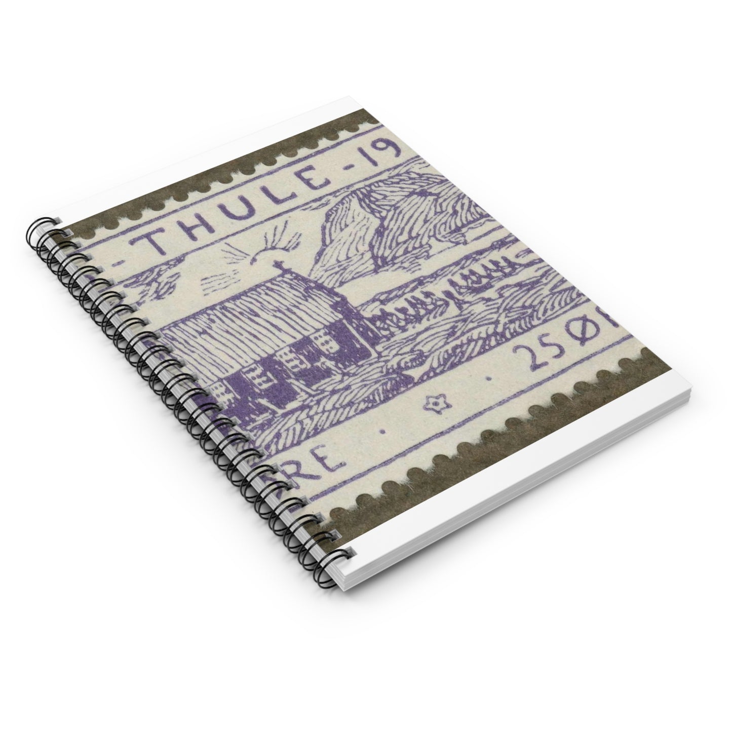 Frimärke ur Gösta Bodmans filatelistiska motivsamling, påbörjad 1950.Motiv av byggnad i Thule-kolonien, Nordvästra Grönlamd, 1936. Spiral Bound Ruled Notebook with Printed Cover