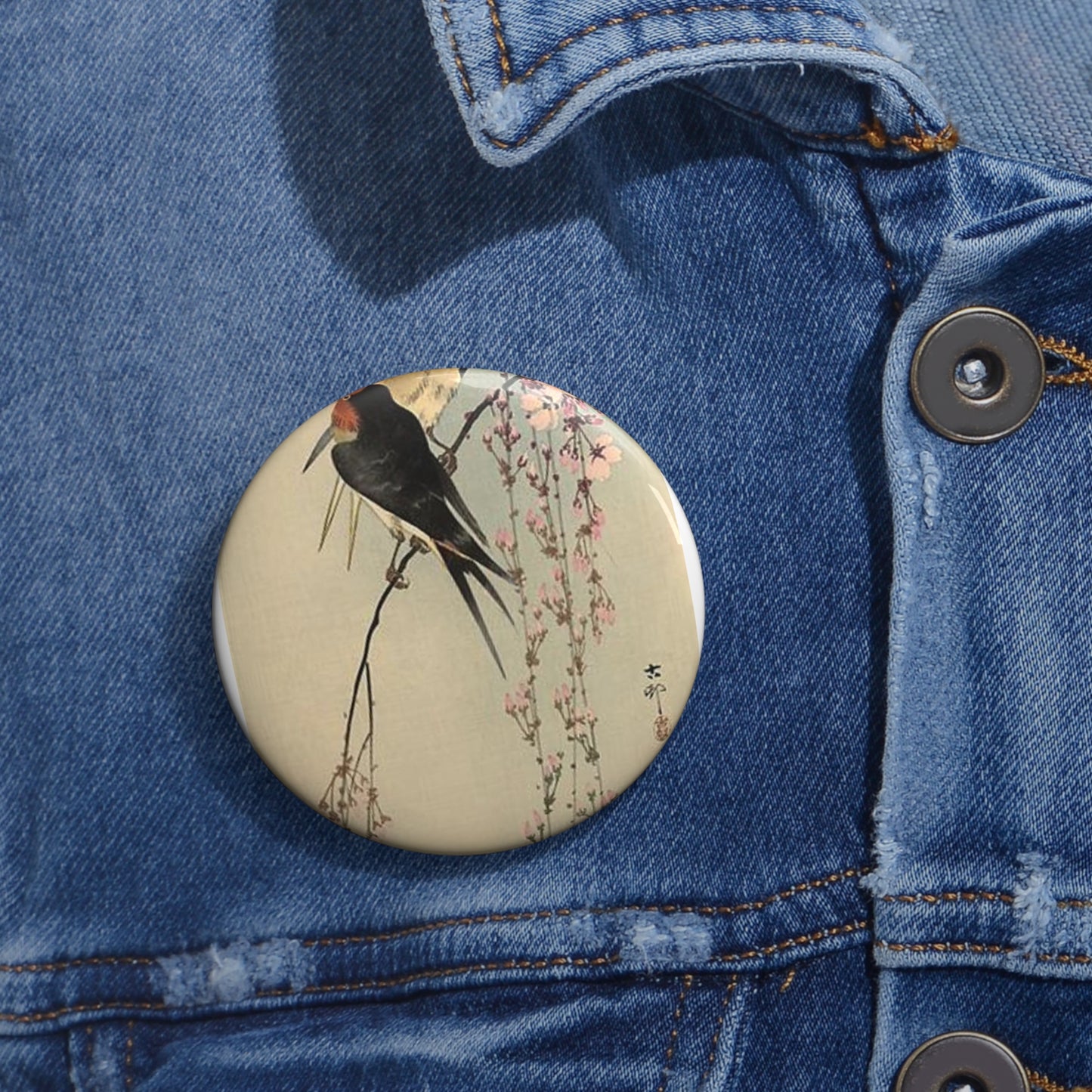 Koson - two-barn-swallows-on-blossoming-cherry, Ohara Koson Pin Buttons with Crisp Design
