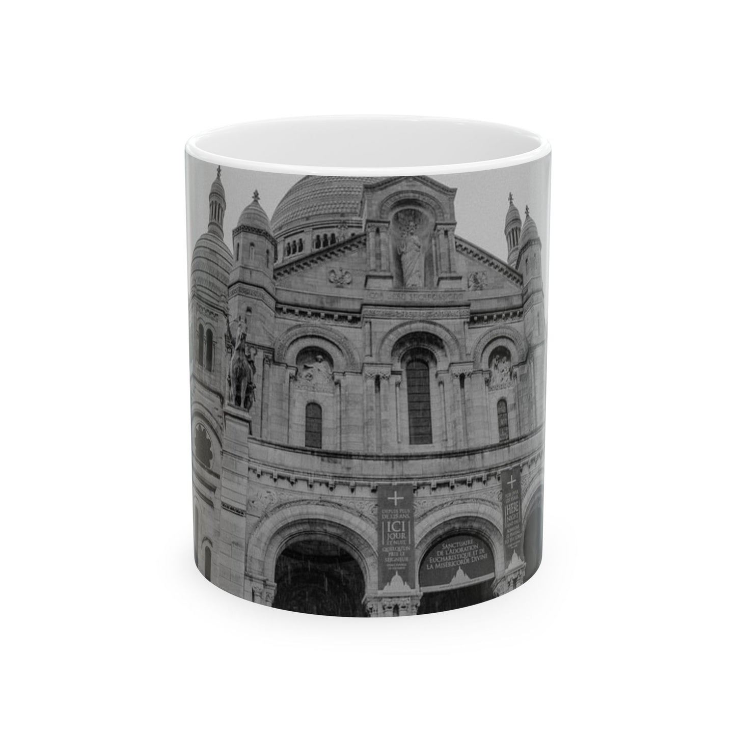A black and white photo of a large building. Sacred heart cathedral church construction, religion. Beautiful Novelty Ceramic Coffee Mug 11oz