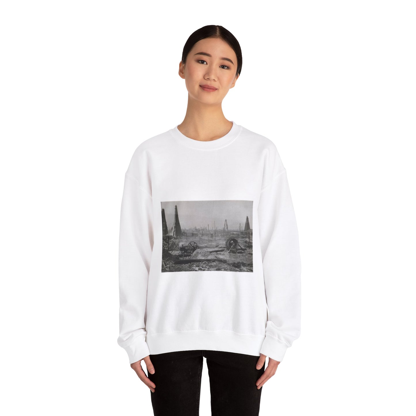 Baku. Oil production. - Drawing. Public domain image. White Heavy Blend Adult Crew Neck SweatShirt