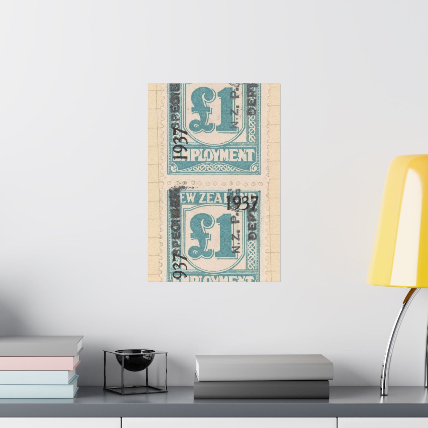 Block of one pound Unemployment Relief stamps overprinted '1937' and 'Specimen' High Quality Matte Wall Art Poster for Home, Office, Classroom