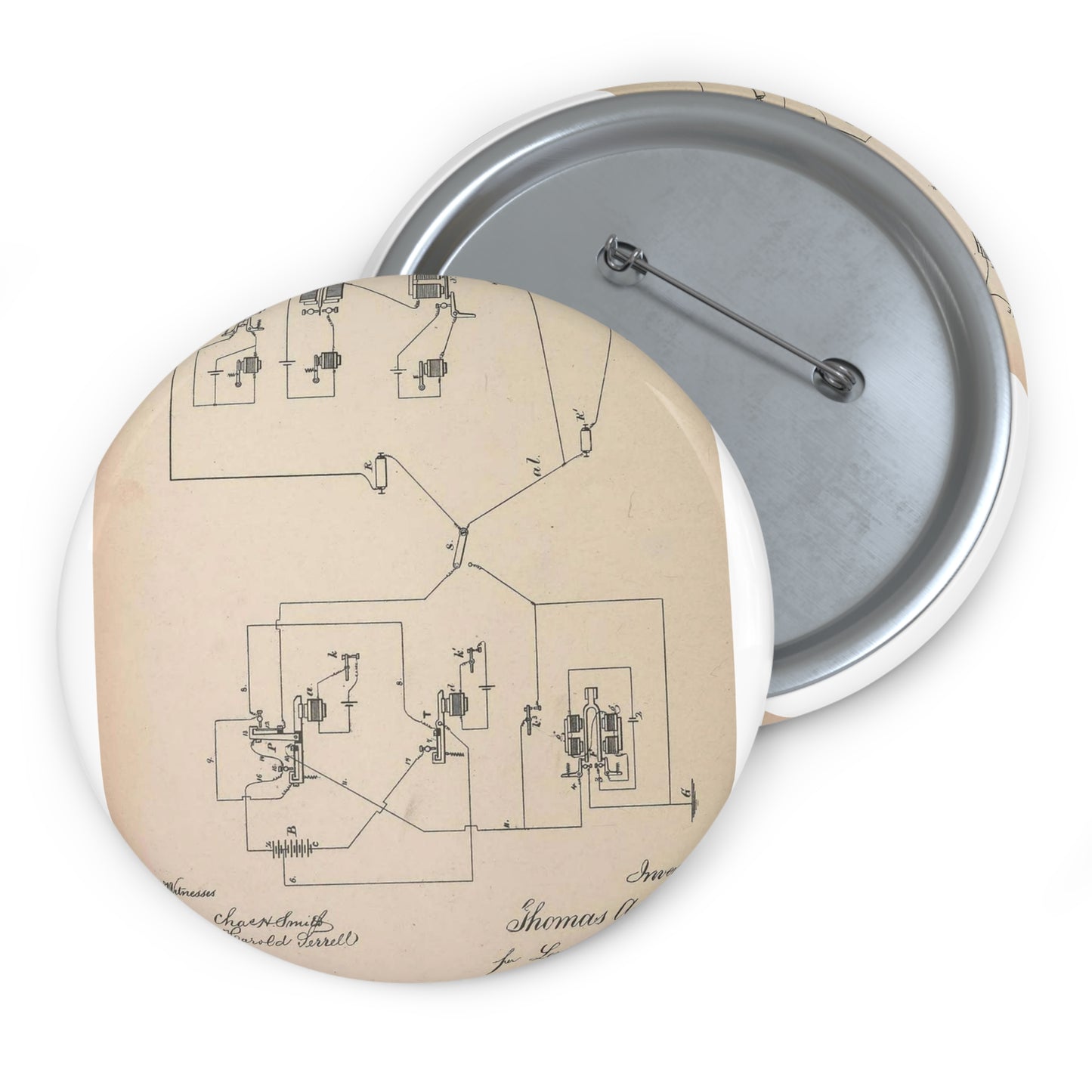 Patent Drawing of Engine - Collection of United States patents granted to Thomas A. Edison, 1869-1884 (1869) (14756348232) Public domain image Pin Buttons with Crisp Design