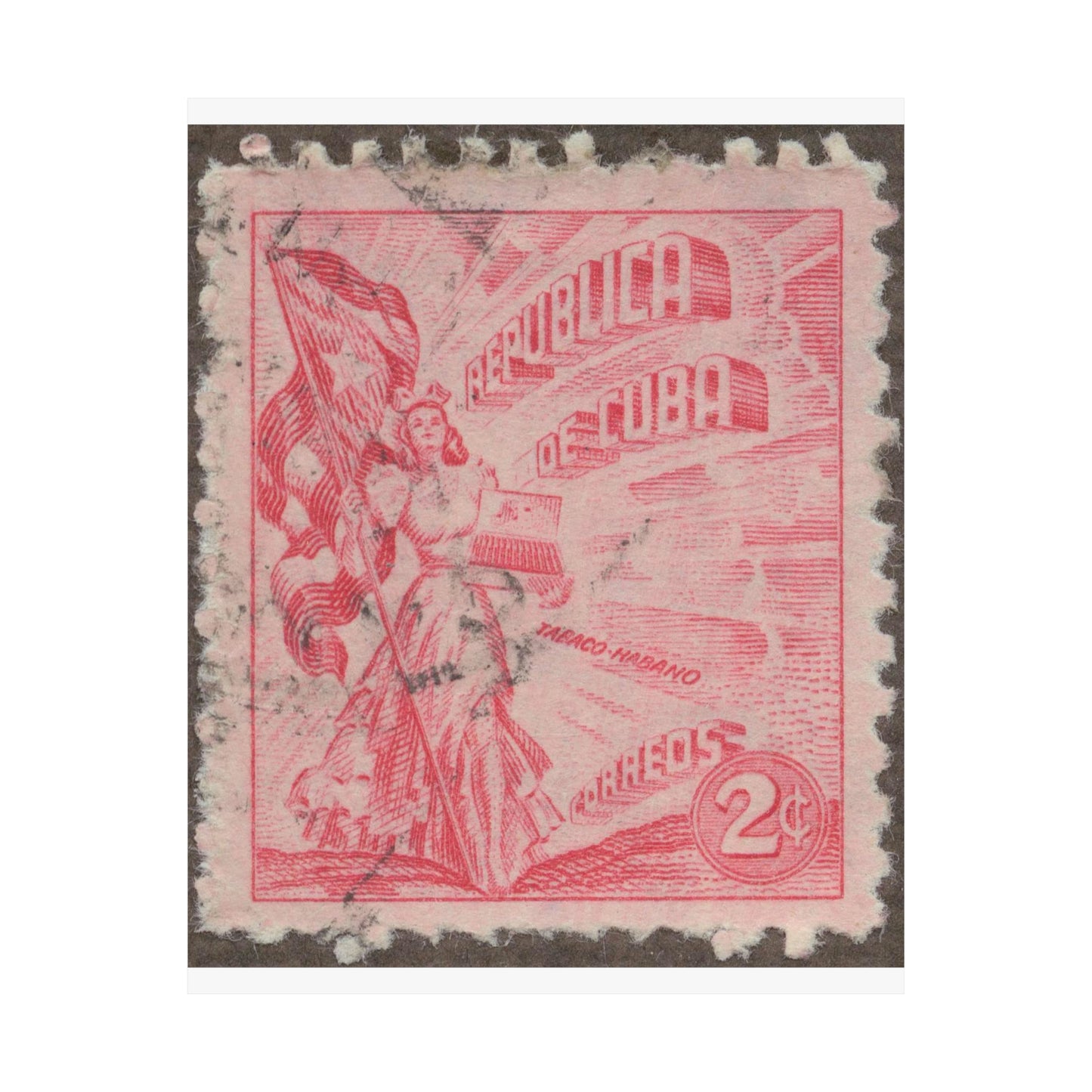 Frimärke ur Gösta Bodmans filatelistiska motivsamling, påbörjad 1950.Frimärke från Cuba, 1948. Motiv av kvinnosymbol för friheten med cigrarrlåda och flagga. High Quality Matte Wall Art Poster for Home, Office, Classroom