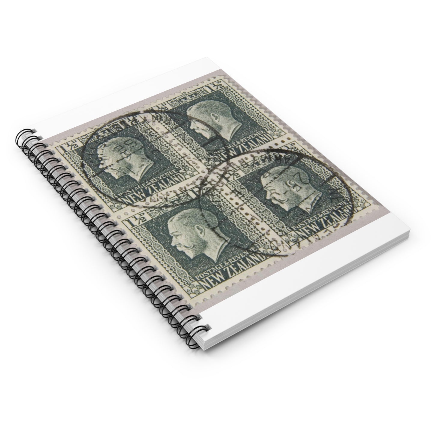 Block of one and a half penny 'King George V' definitive stamps in grey slate Spiral Bound Ruled Notebook with Printed Cover