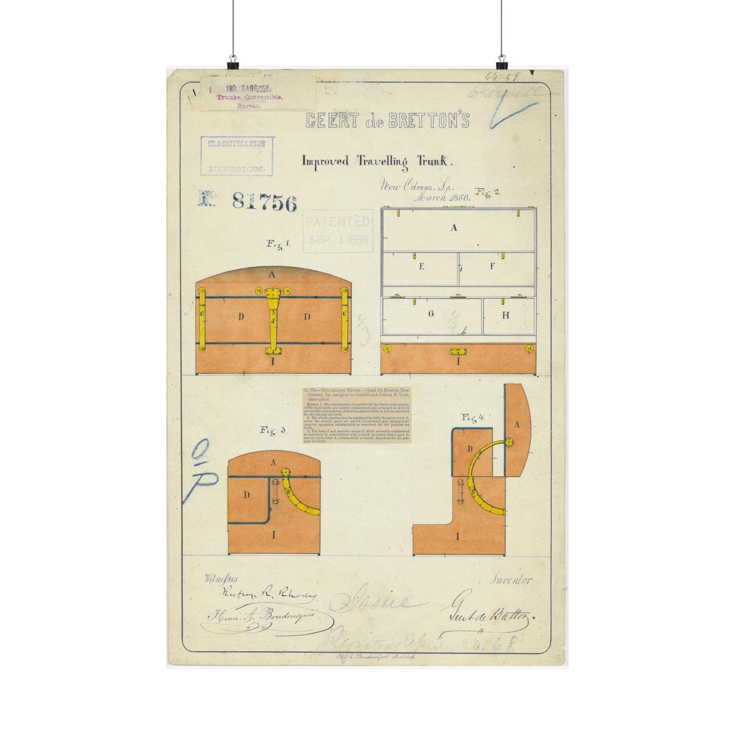 Patent drawing - Drawing of an Improved Traveling Trunk Public domain image High Quality Matte Wall Art Poster for Home, Office, Classroom