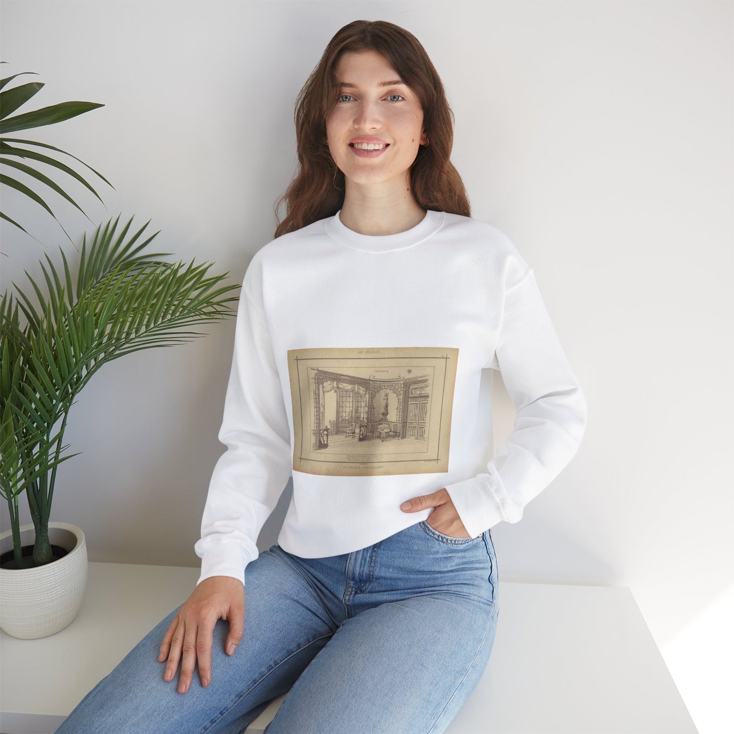 Vestibule : décor de baie en bois découpé sur treillage doré. Lambris, meubles et porte en bois de frêne verni. Etoffe des sièges et de la baie en soie brochée. White Heavy Blend Adult Crew Neck SweatShirt