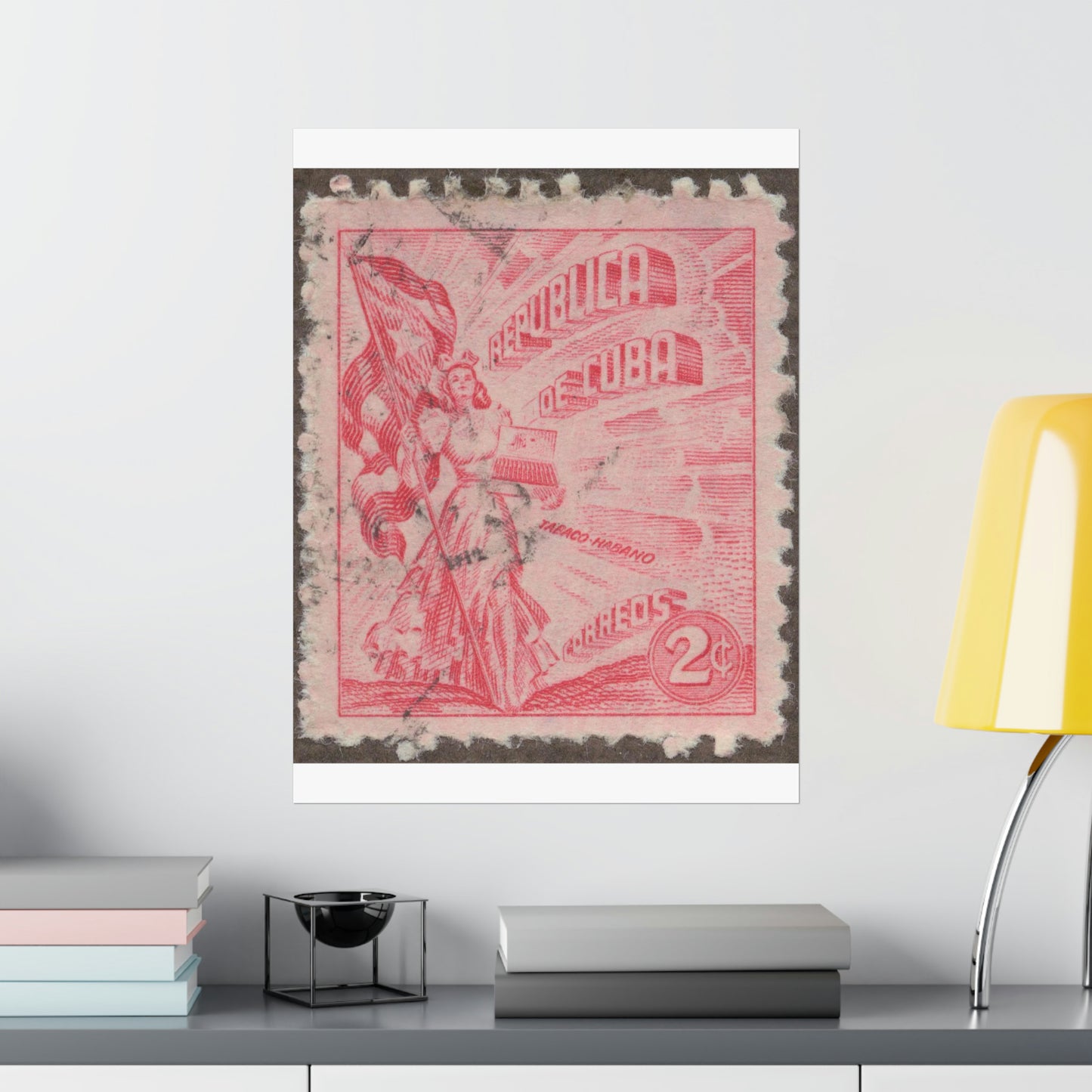 Frimärke ur Gösta Bodmans filatelistiska motivsamling, påbörjad 1950.Frimärke från Cuba, 1948. Motiv av kvinnosymbol för friheten med cigrarrlåda och flagga. High Quality Matte Wall Art Poster for Home, Office, Classroom