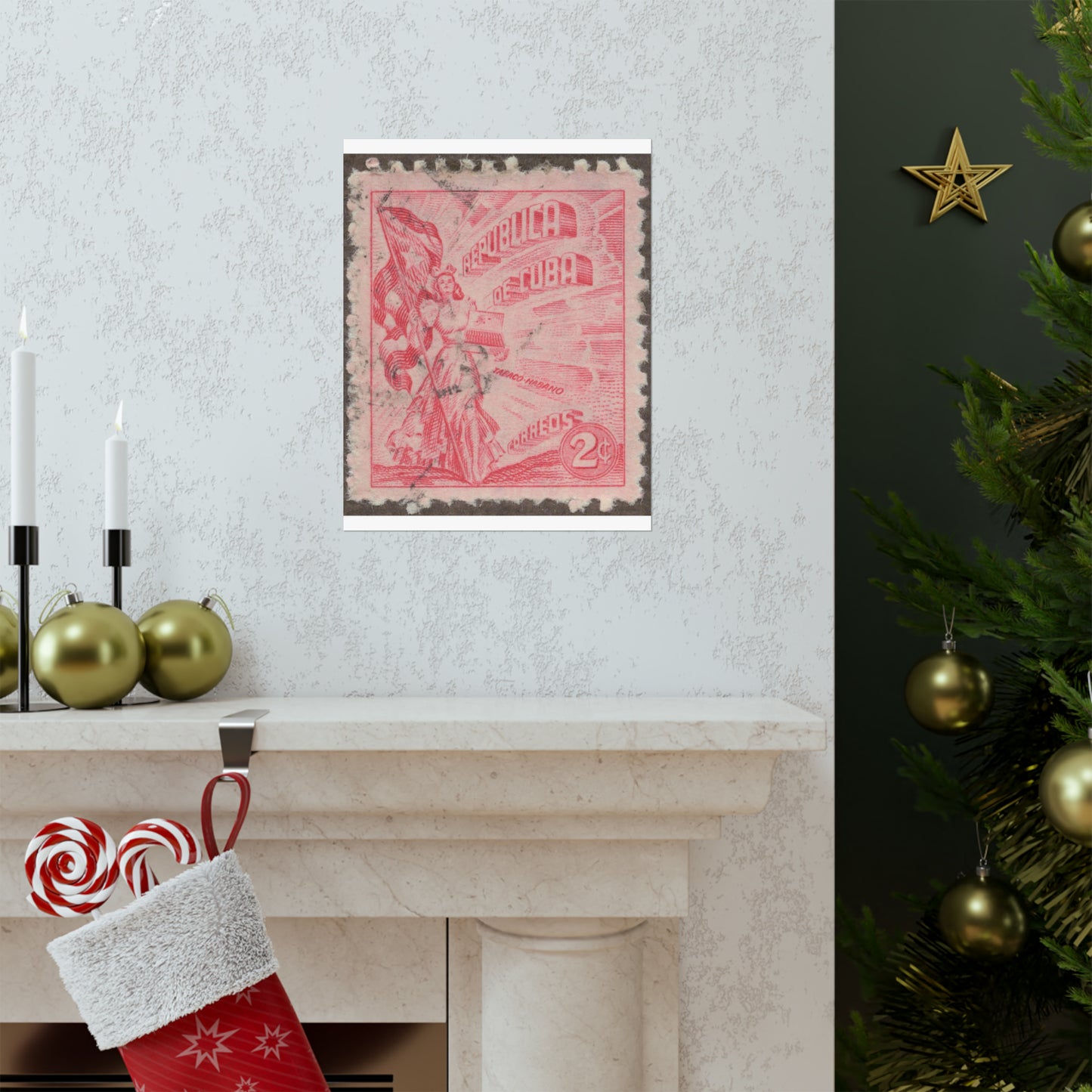 Frimärke ur Gösta Bodmans filatelistiska motivsamling, påbörjad 1950.Frimärke från Cuba, 1948. Motiv av kvinnosymbol för friheten med cigrarrlåda och flagga. High Quality Matte Wall Art Poster for Home, Office, Classroom