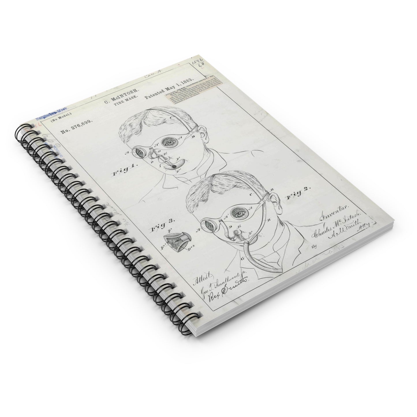 Patent drawing - for C. McIntosh's Fire Mask Public domain image Spiral Bound Ruled Notebook with Printed Cover